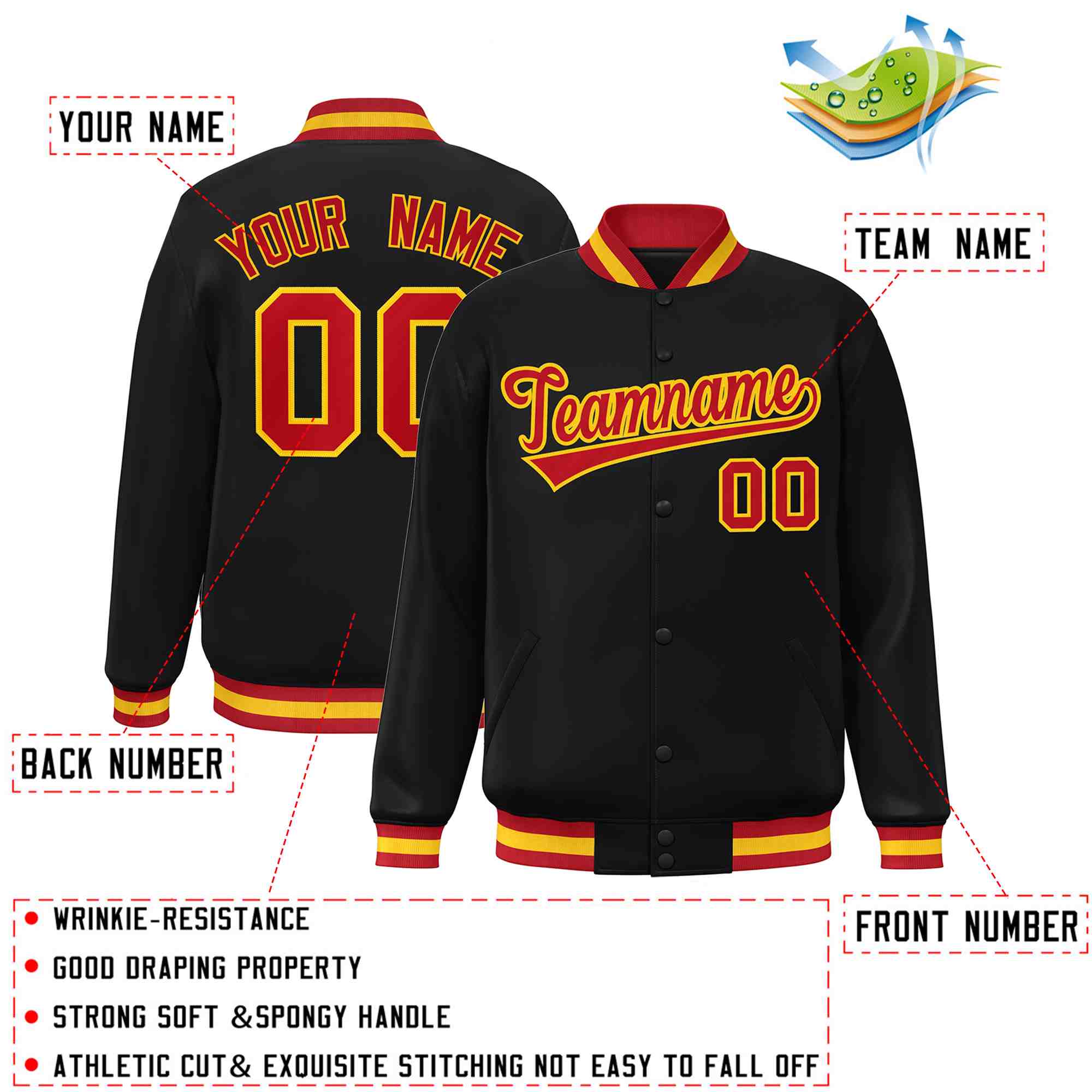 Custom Black Red-Gold Classic Style Varsity Full-Snap Letterman Jacket