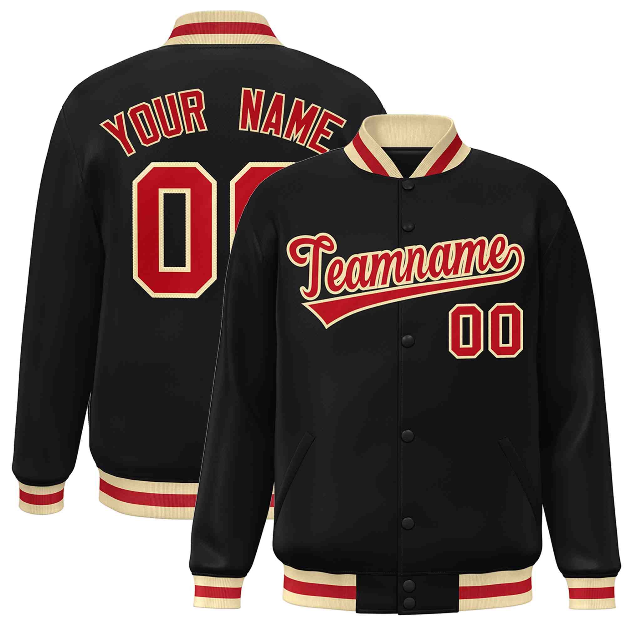 Custom Black Red-Khaki Classic Style Varsity Full-Snap Letterman Jacket