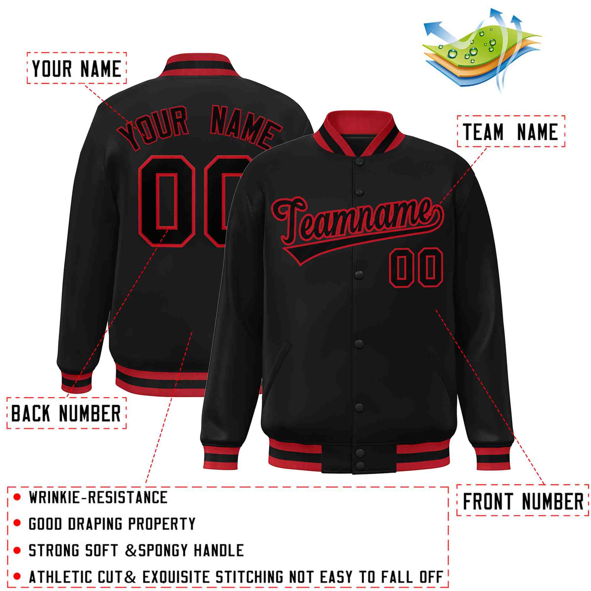 Veste Letterman Varsity Full-Snap personnalisée noir-rouge de style classique