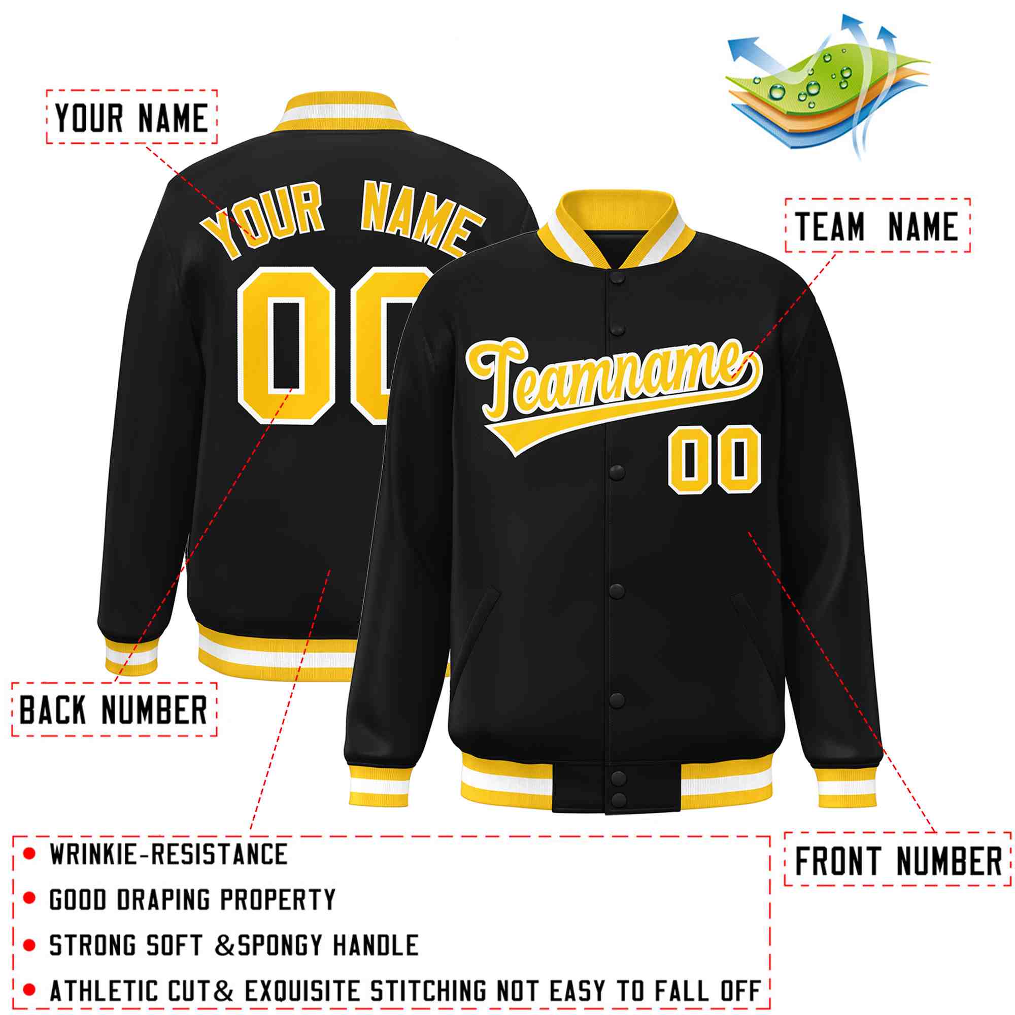 Custom Black Gold-White Classic Style Varsity Full-Snap Letterman Jacket