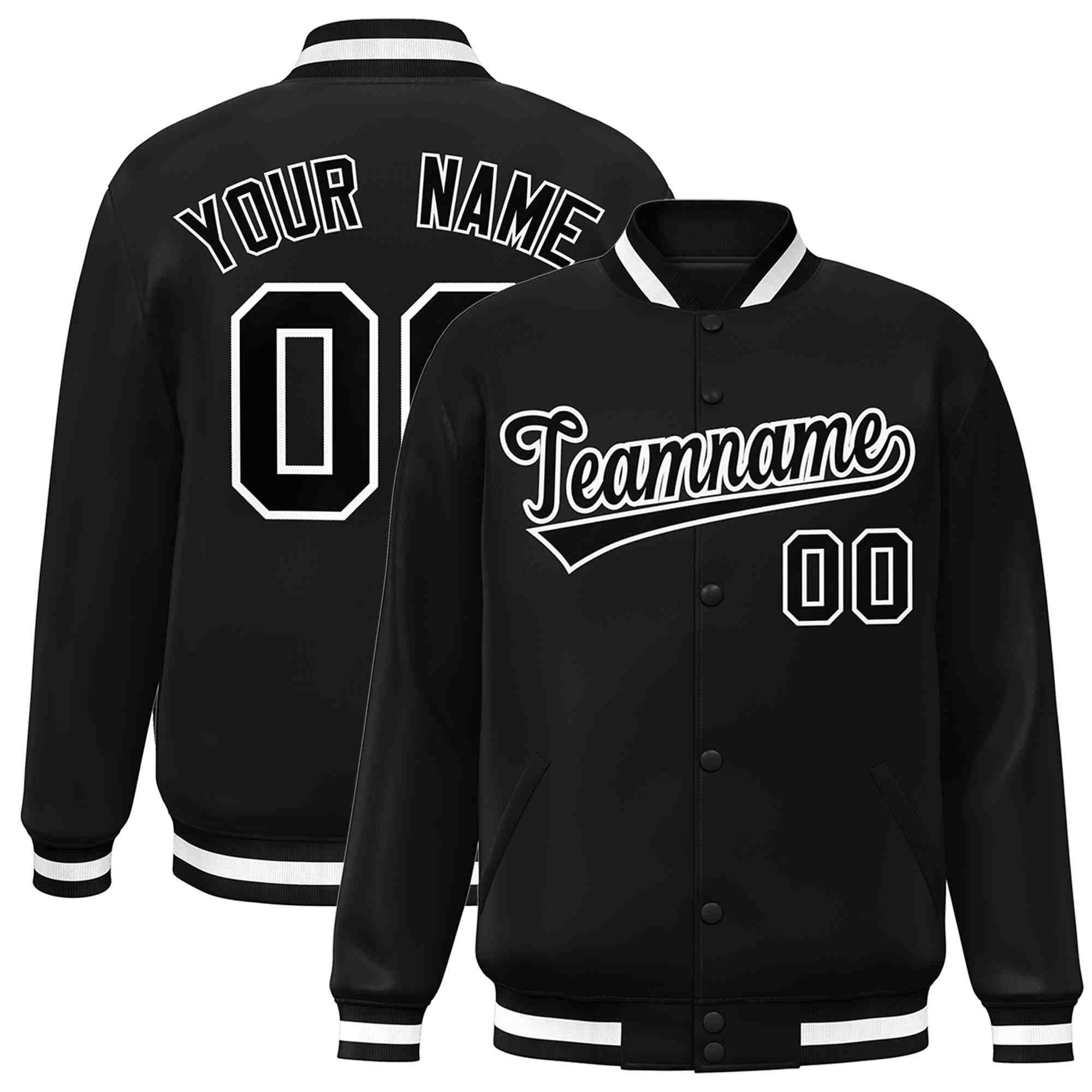 Custom Black Black-White Classic Style Varsity Full-Snap Letterman Jacket