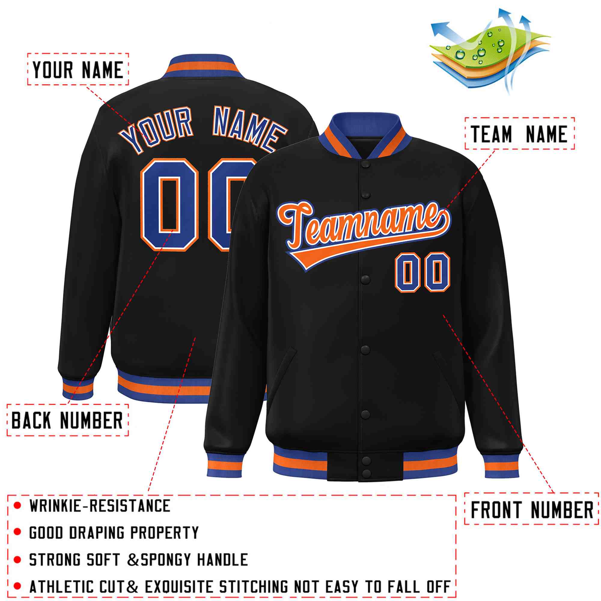 Custom Black Orange-White Classic Style Varsity Full-Snap Letterman Jacket