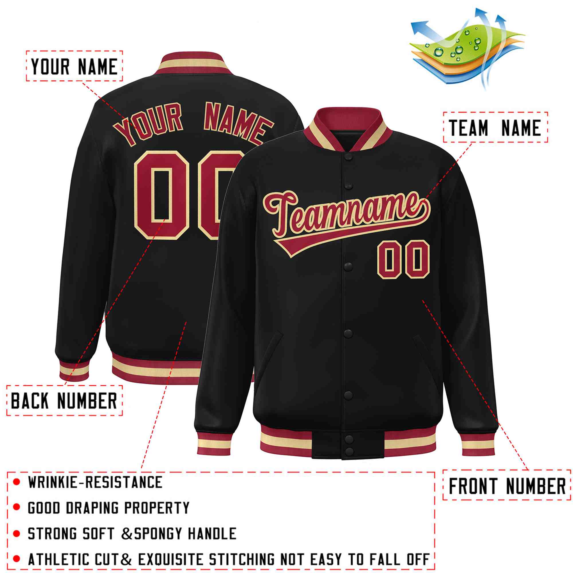 Custom Black Crimson-Khaki Classic Style Varsity Full-Snap Letterman Jacket