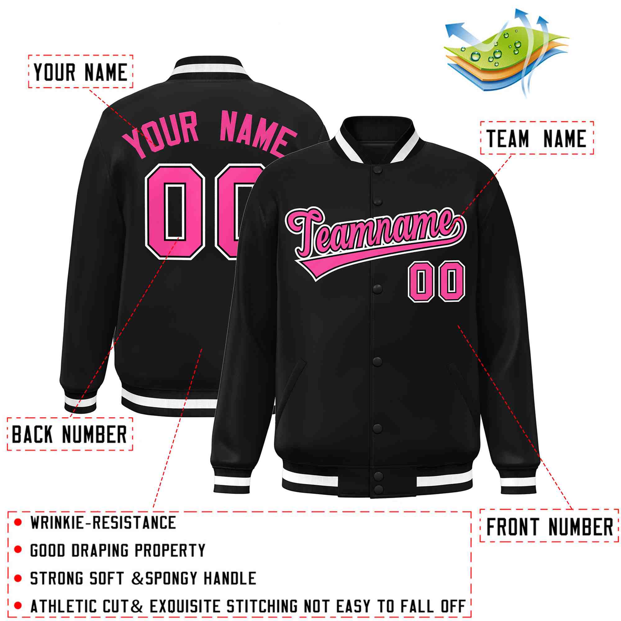 Custom Black Pink-Black Classic Style Varsity Full-Snap Letterman Jacket