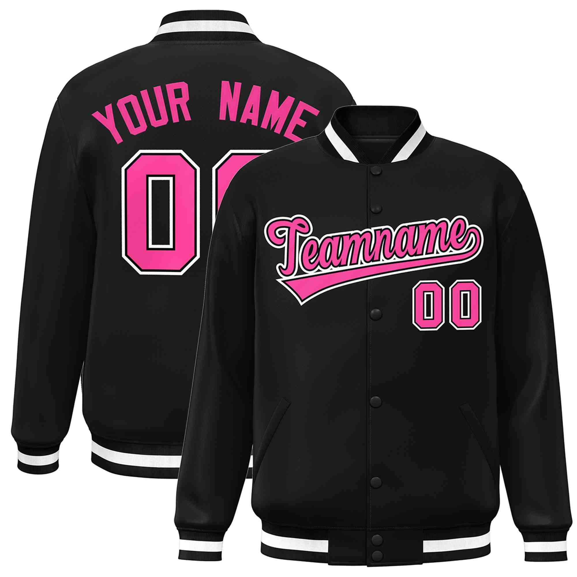 Custom Black Pink-Black Classic Style Varsity Full-Snap Letterman Jacket