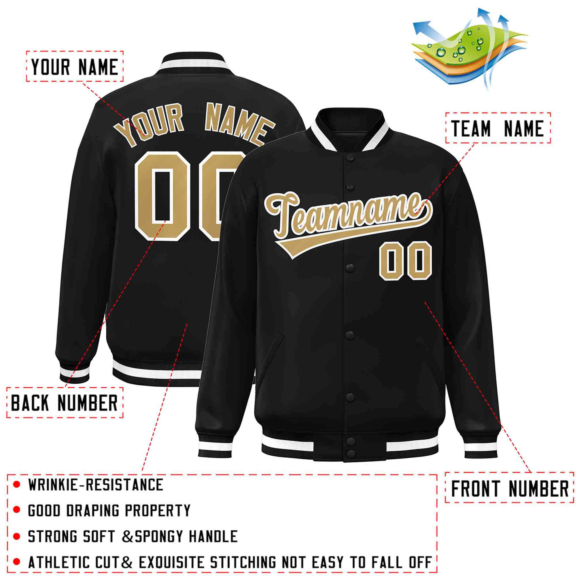 Custom Black Old Gold-White Classic Style Varsity Full-Snap Letterman Jacket