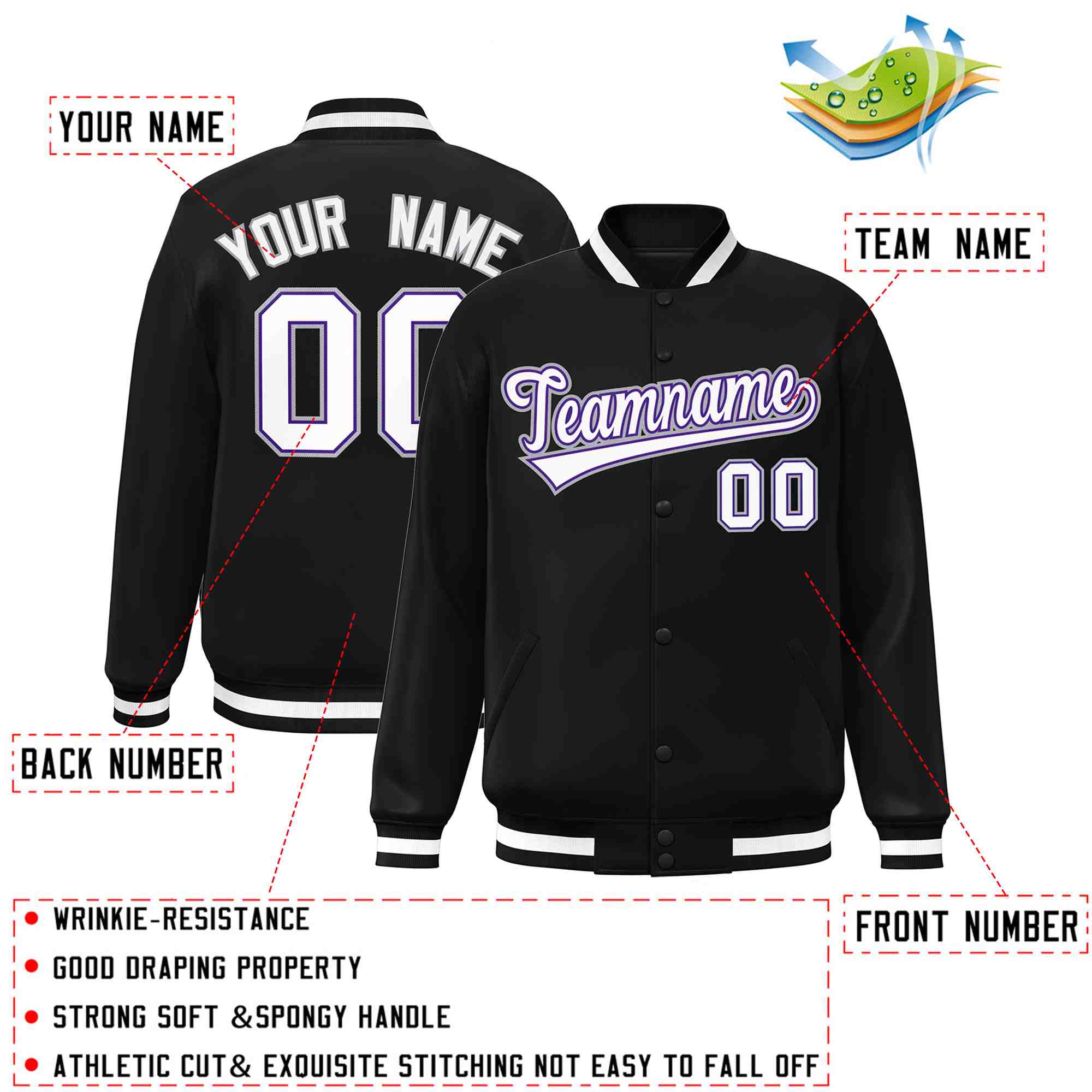 Custom Black White-Purple Classic Style Varsity Full-Snap Letterman Jacket