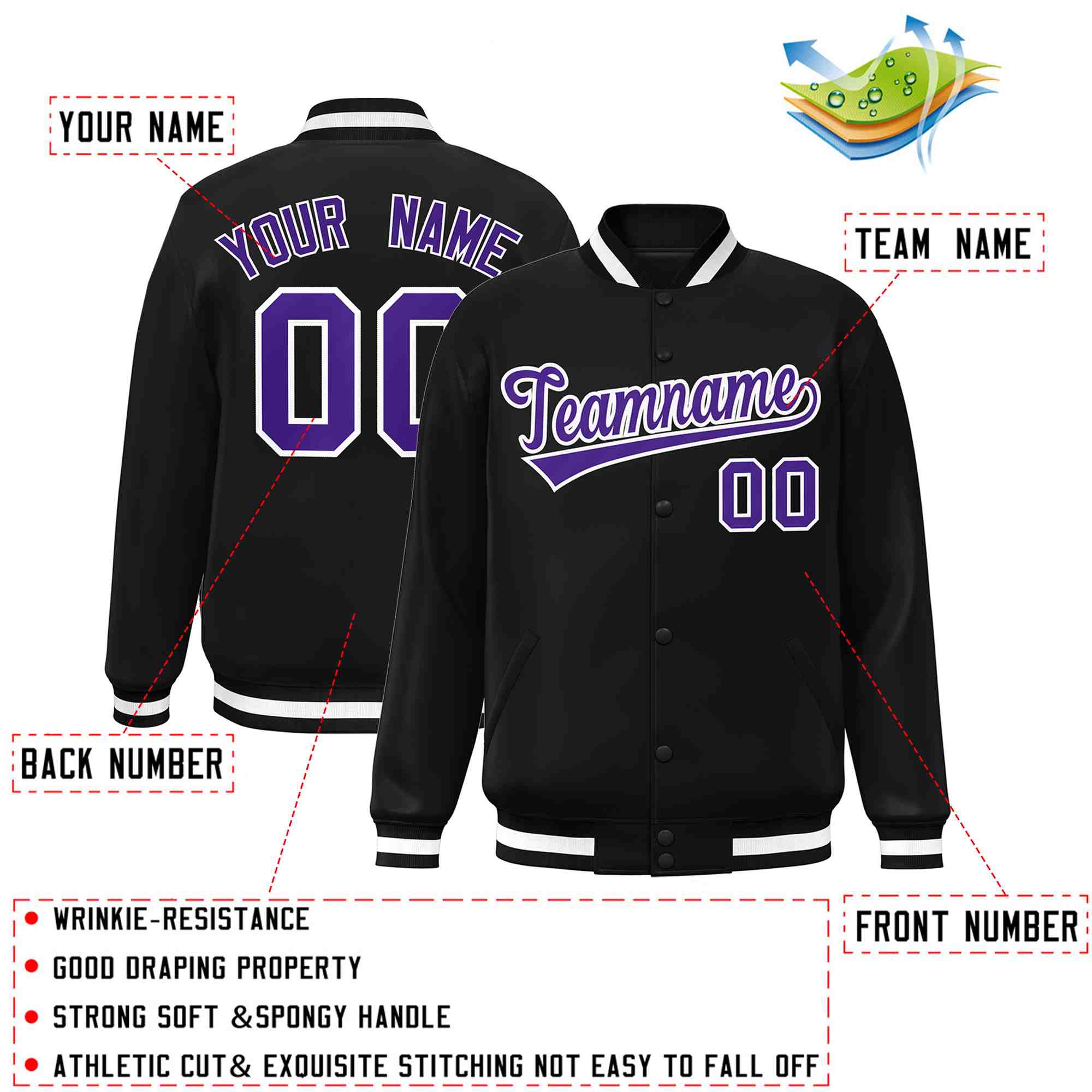 Custom Black Purple-White Classic Style Varsity Full-Snap Letterman Jacket