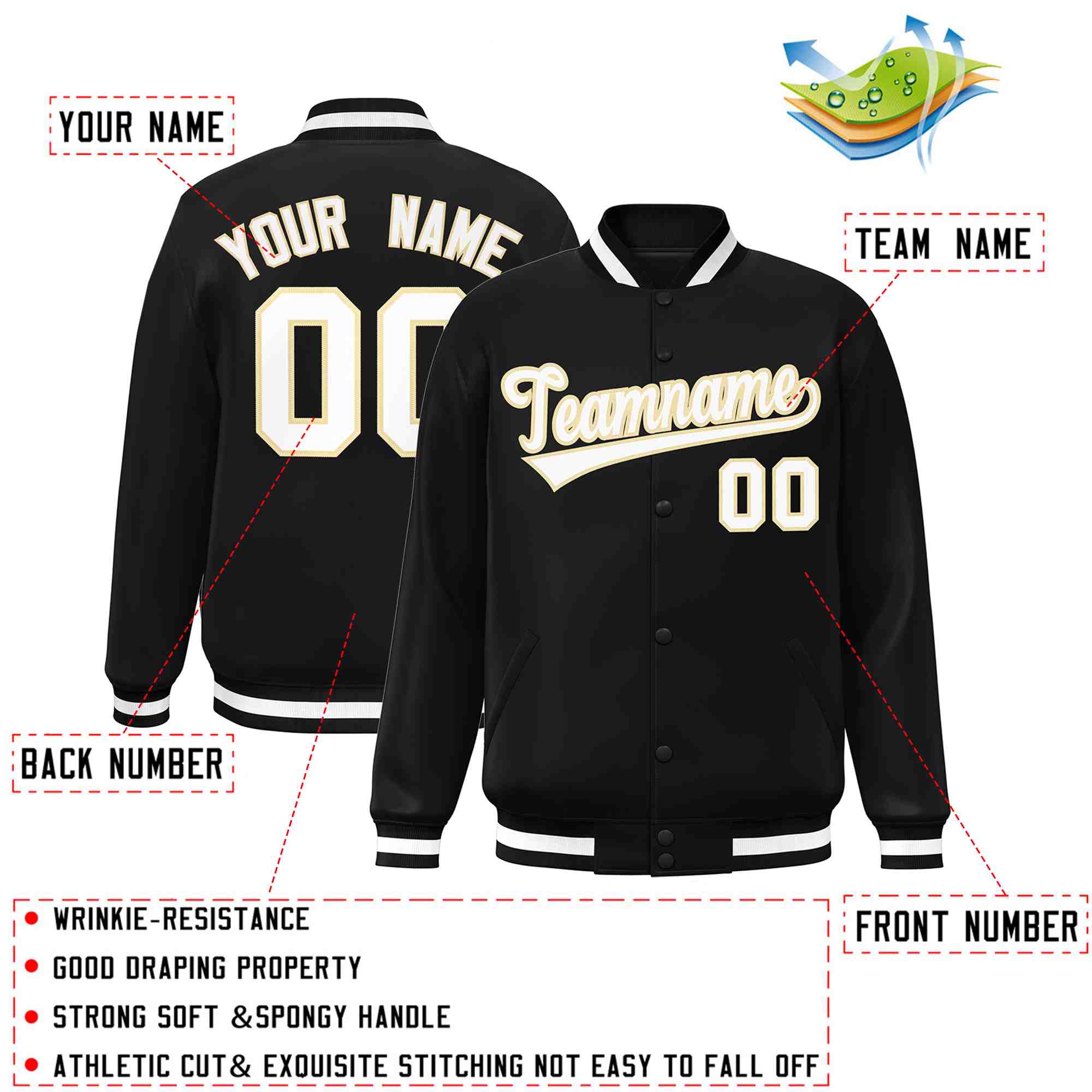 Custom Black White-Khaki Classic Style Varsity Full-Snap Letterman Jacket