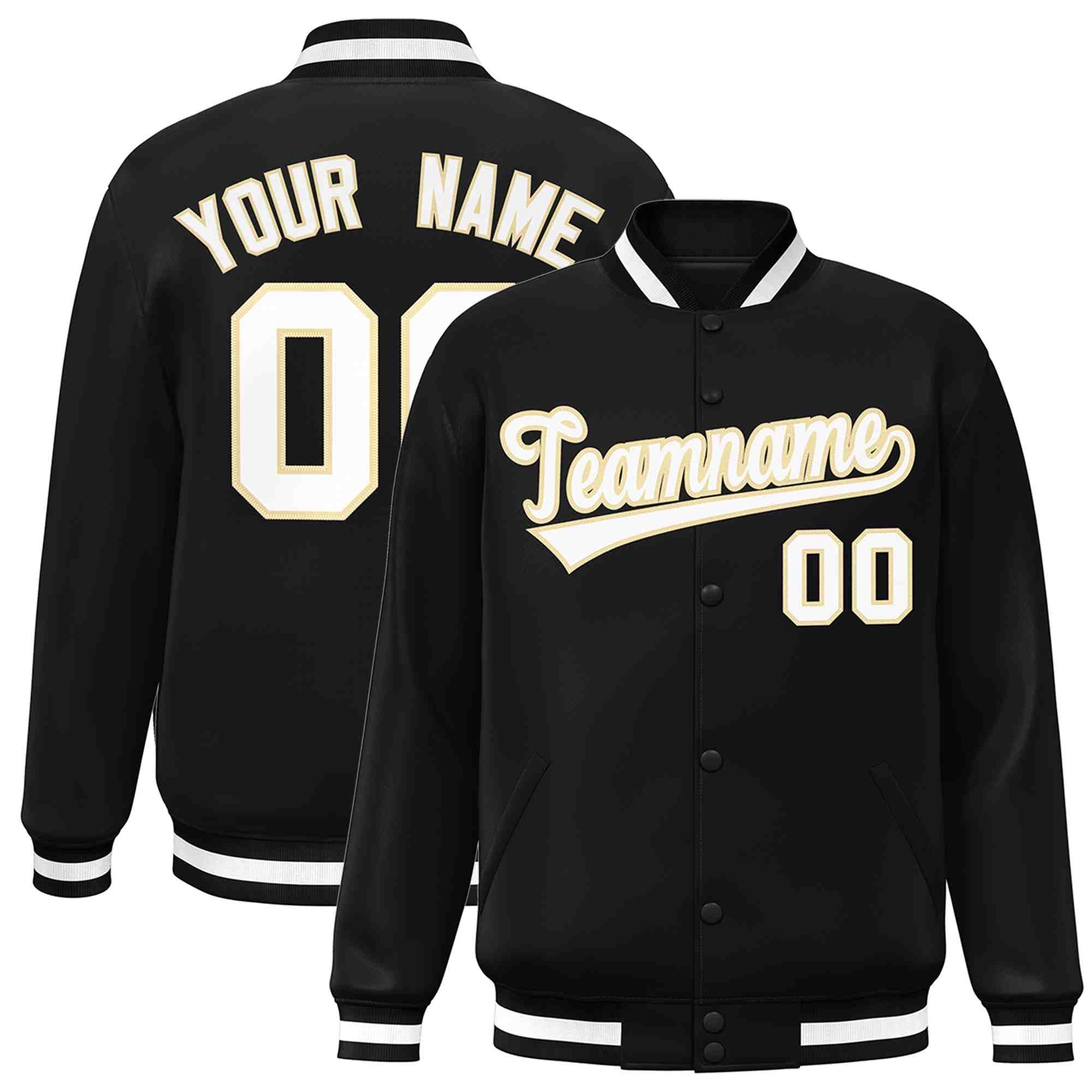 Custom Black White-Khaki Classic Style Varsity Full-Snap Letterman Jacket