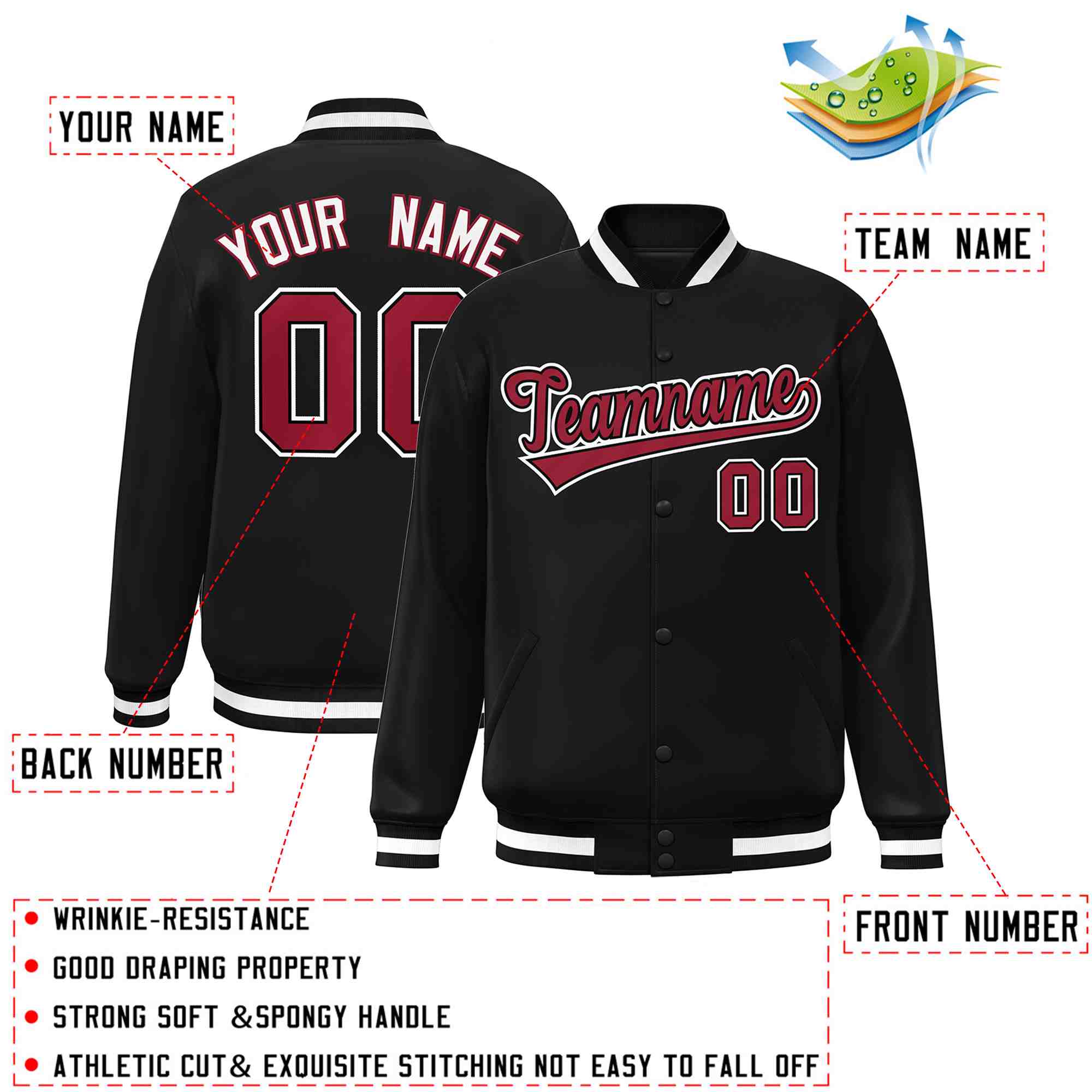 Custom Black Crimson-Black Classic Style Varsity Full-Snap Letterman Jacket