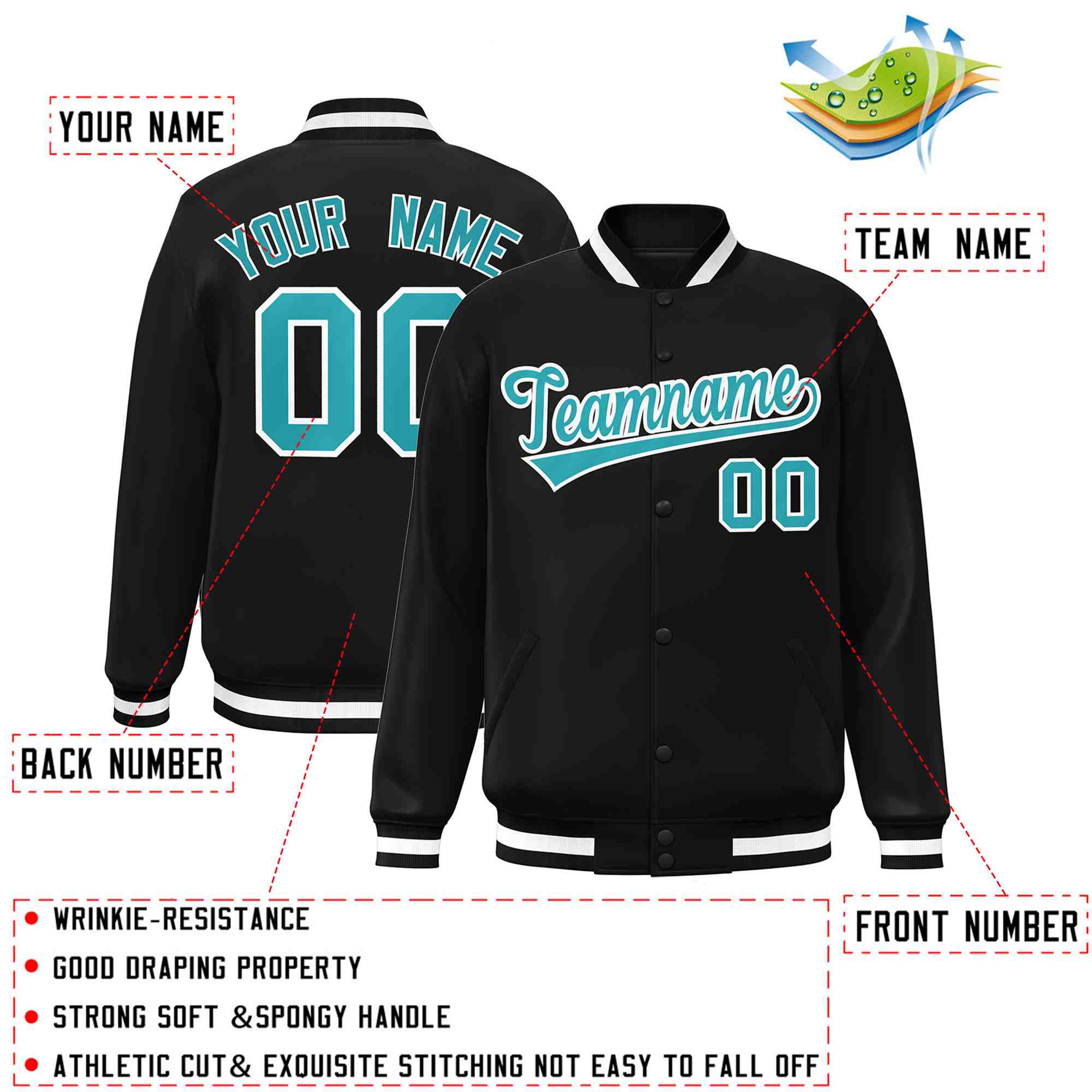 Custom Black Aqua-White Classic Style Varsity Full-Snap Letterman Jacket