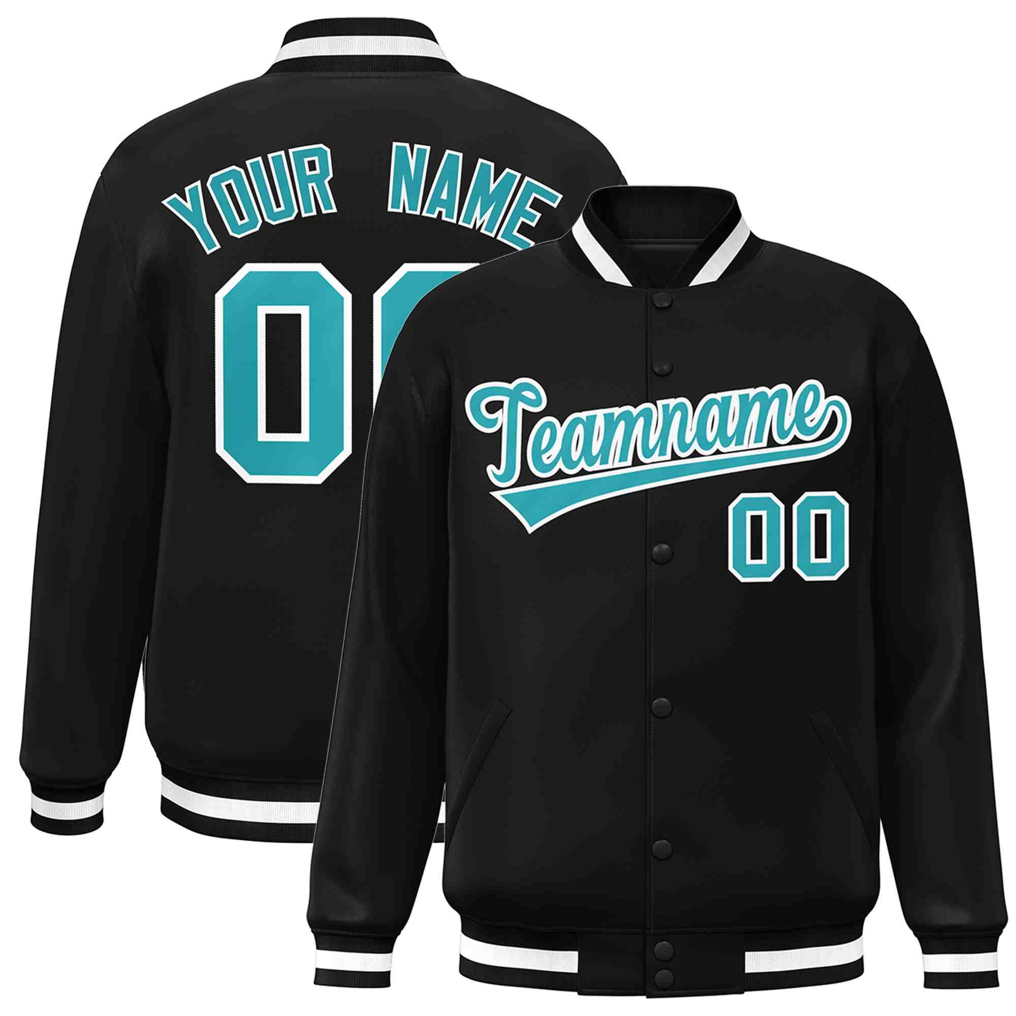 Custom Black Aqua-White Classic Style Varsity Full-Snap Letterman Jacket