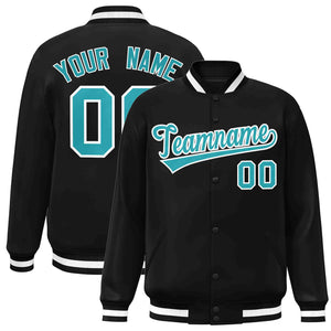 Veste Letterman à bouton-pression complète de style classique noir Aqua-White personnalisée