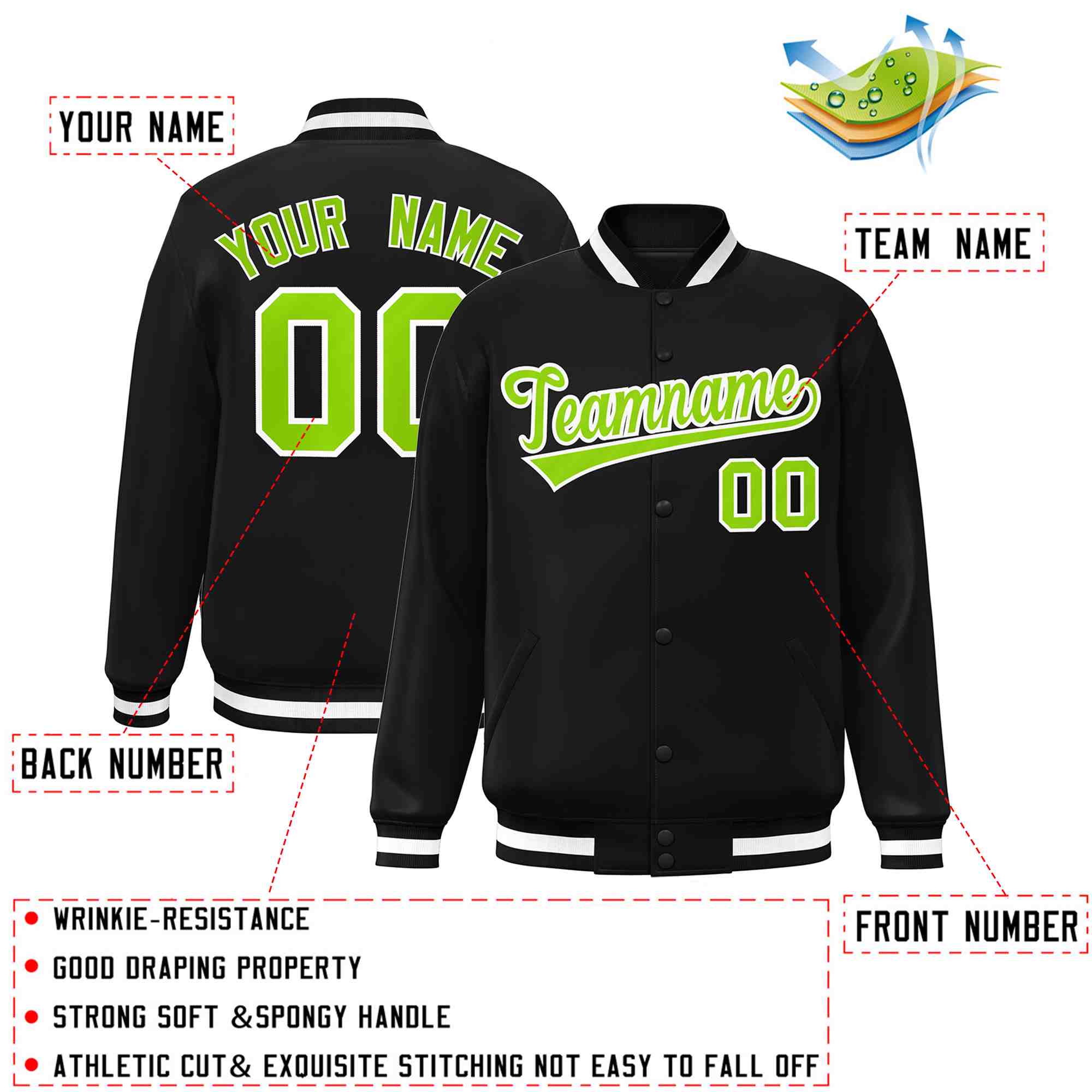 Veste Letterman Varsity Full-Snap personnalisée noir vert-blanc de style classique