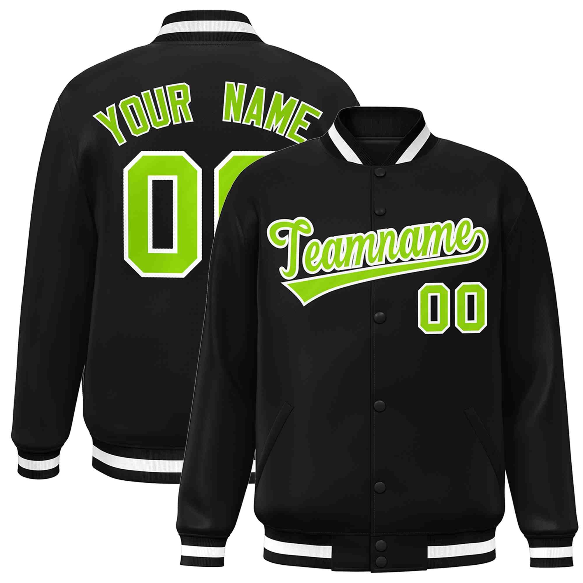 Veste Letterman Varsity Full-Snap personnalisée noir vert-blanc de style classique