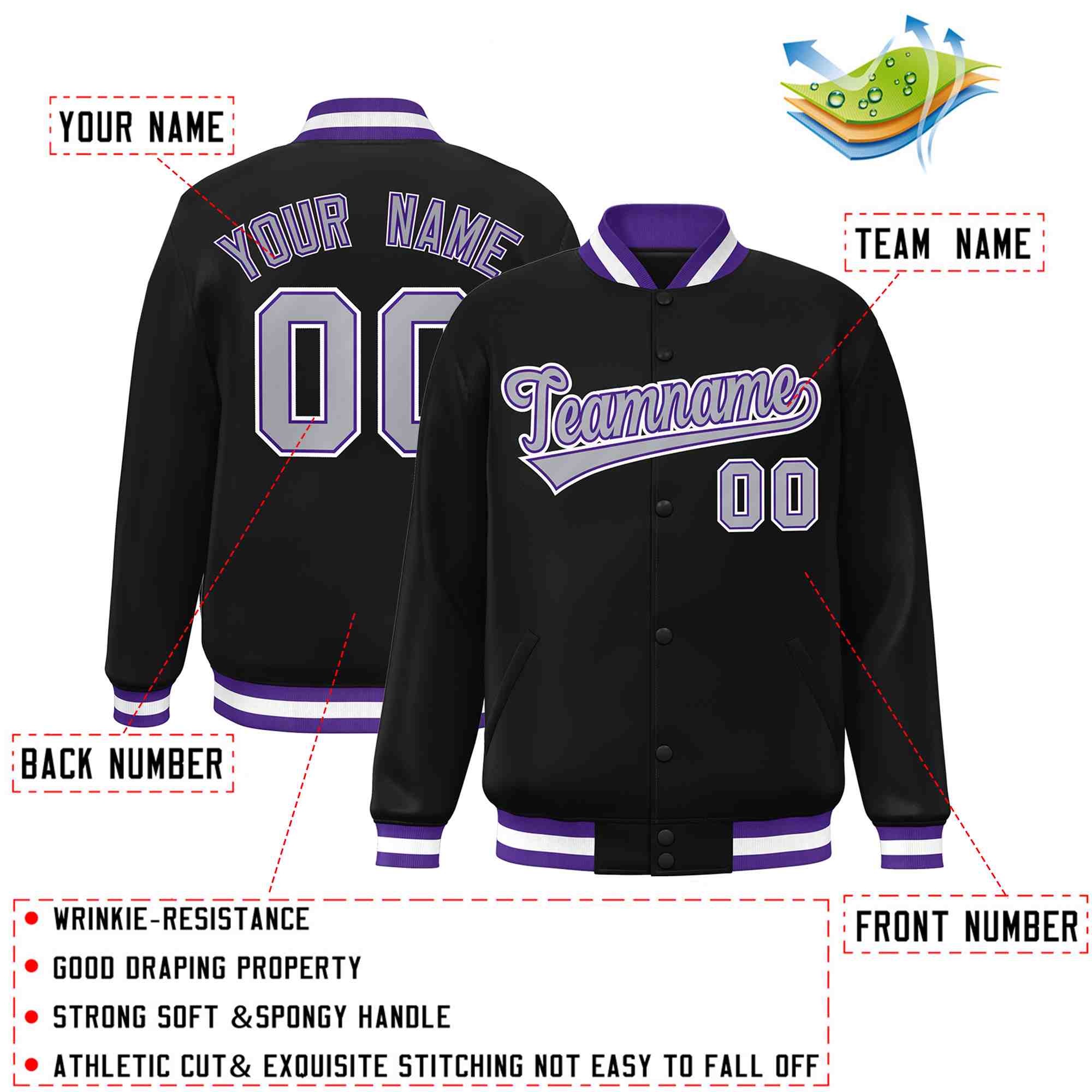 Custom Black Gray-Purple Classic Style Varsity Full-Snap Letterman Jacket