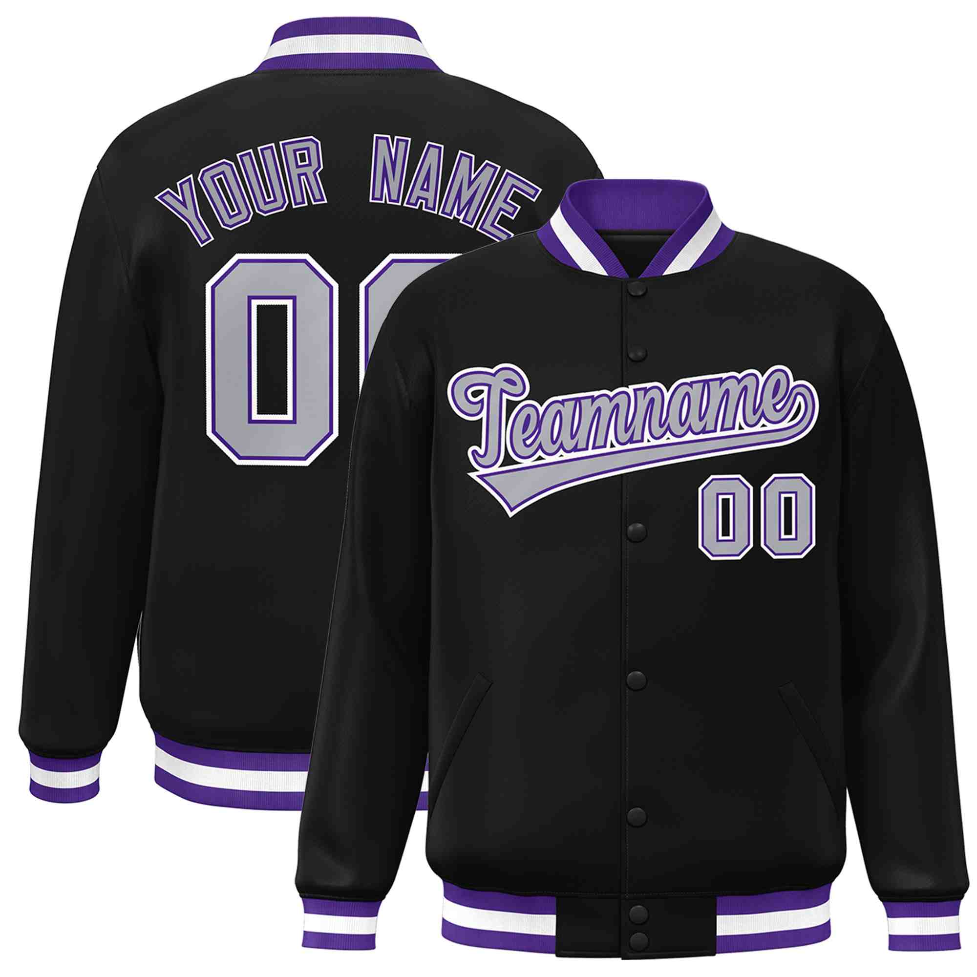 Custom Black Gray-Purple Classic Style Varsity Full-Snap Letterman Jacket