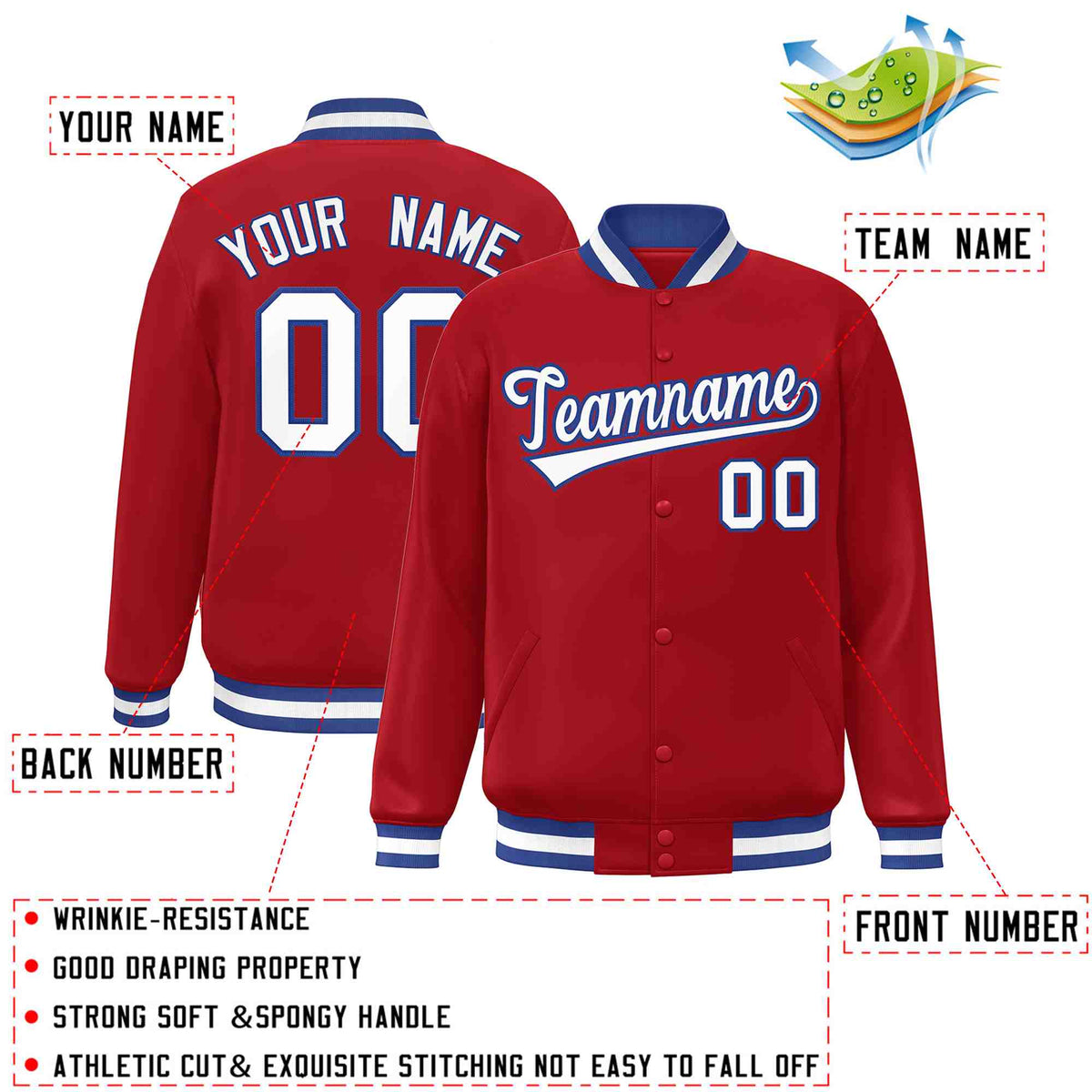 Custom Red White Royal Classic Style Varsity Full Snap Letterman Jacke