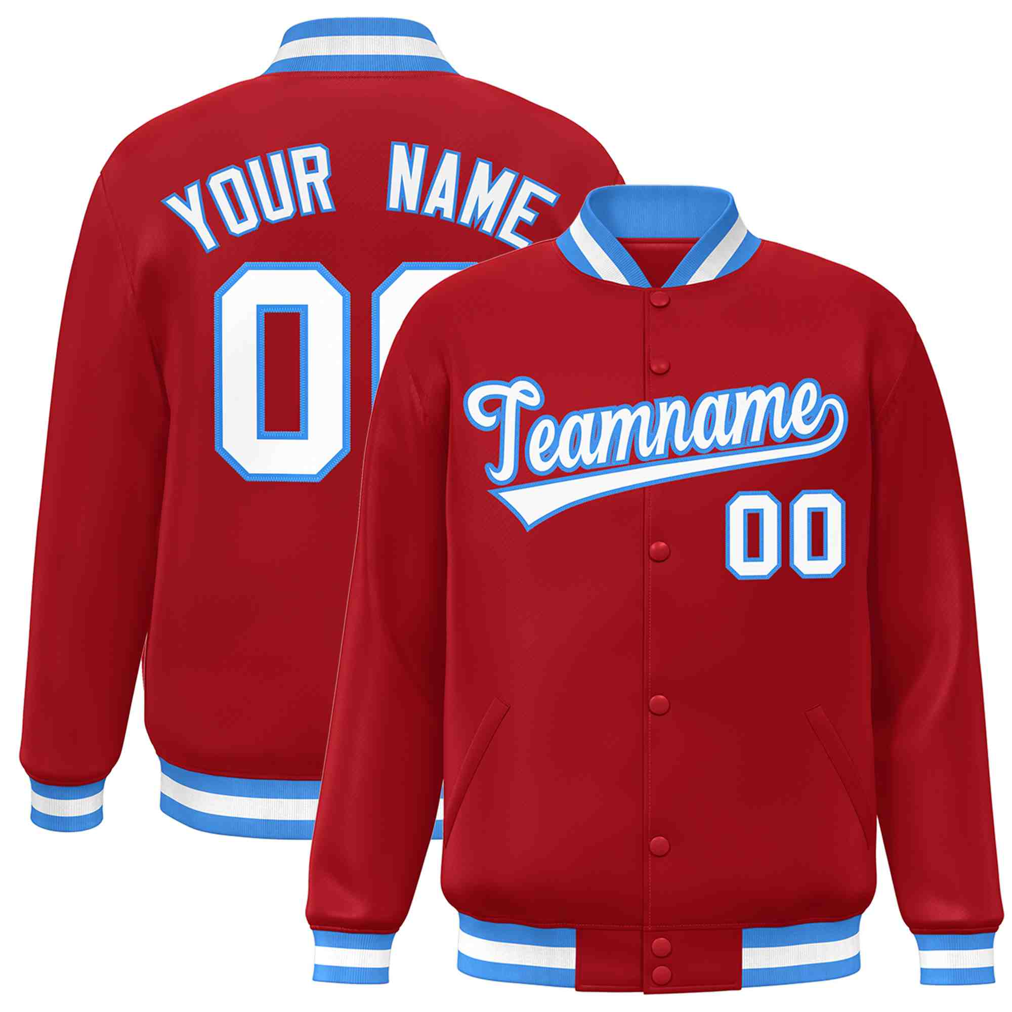 Custom Red White-Powder Blue Classic Style Varsity Full-Snap Letterman Jacket