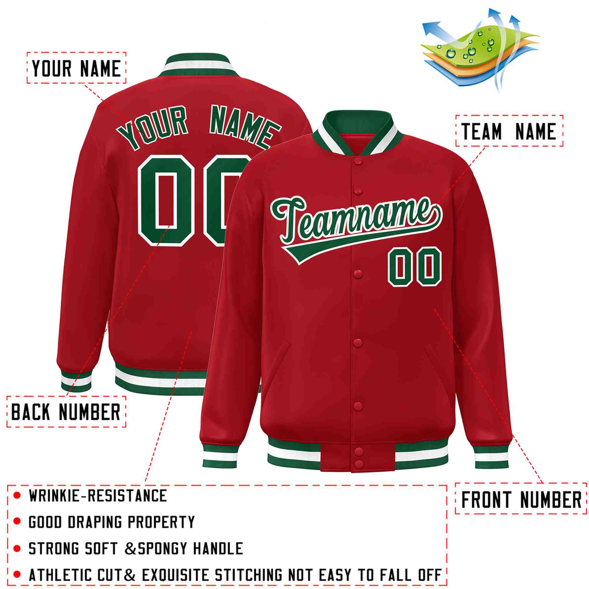 Custom Red Green-White Classic Style Varsity Full-Snap Letterman Jacket