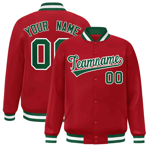 Custom Red Green-White Classic Style Varsity Full-Snap Letterman Jacket