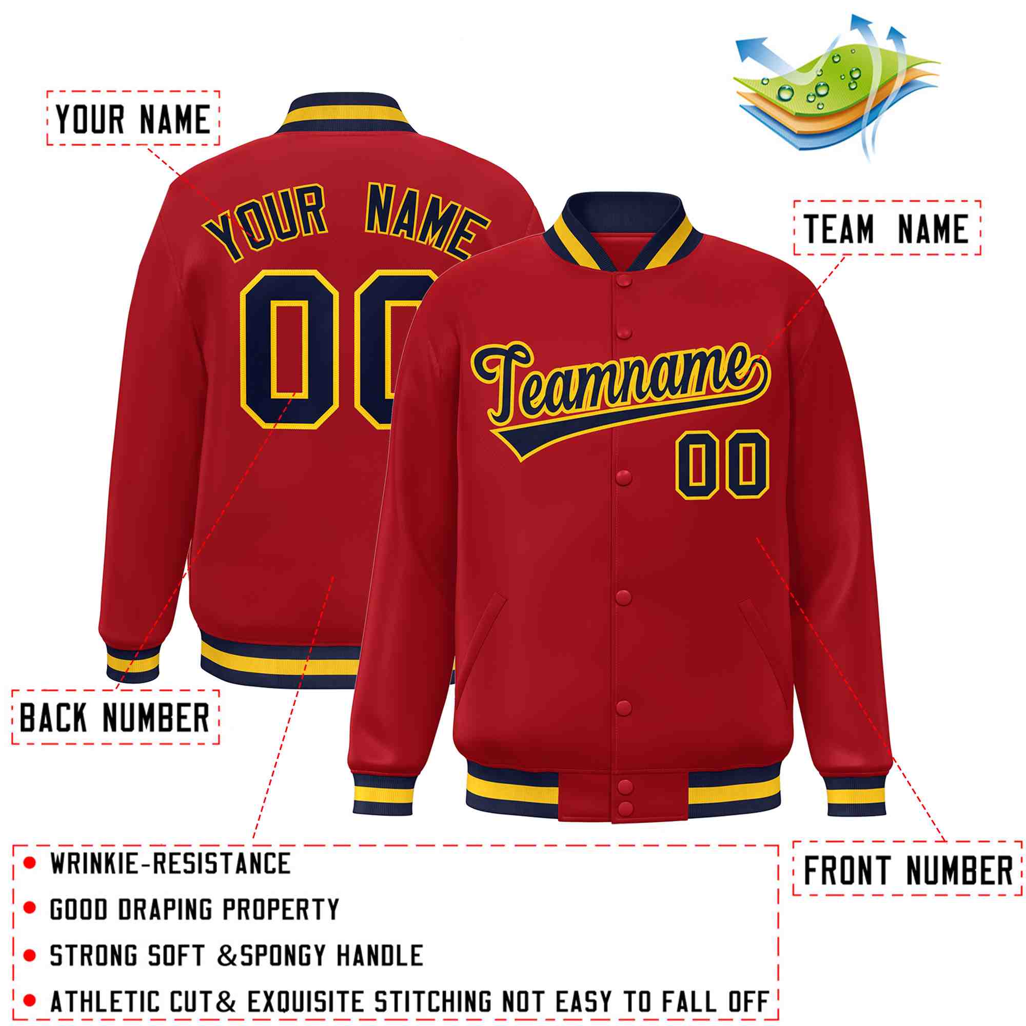 Custom Red Navy-Gold Classic Style Varsity Full-Snap Letterman Jacket