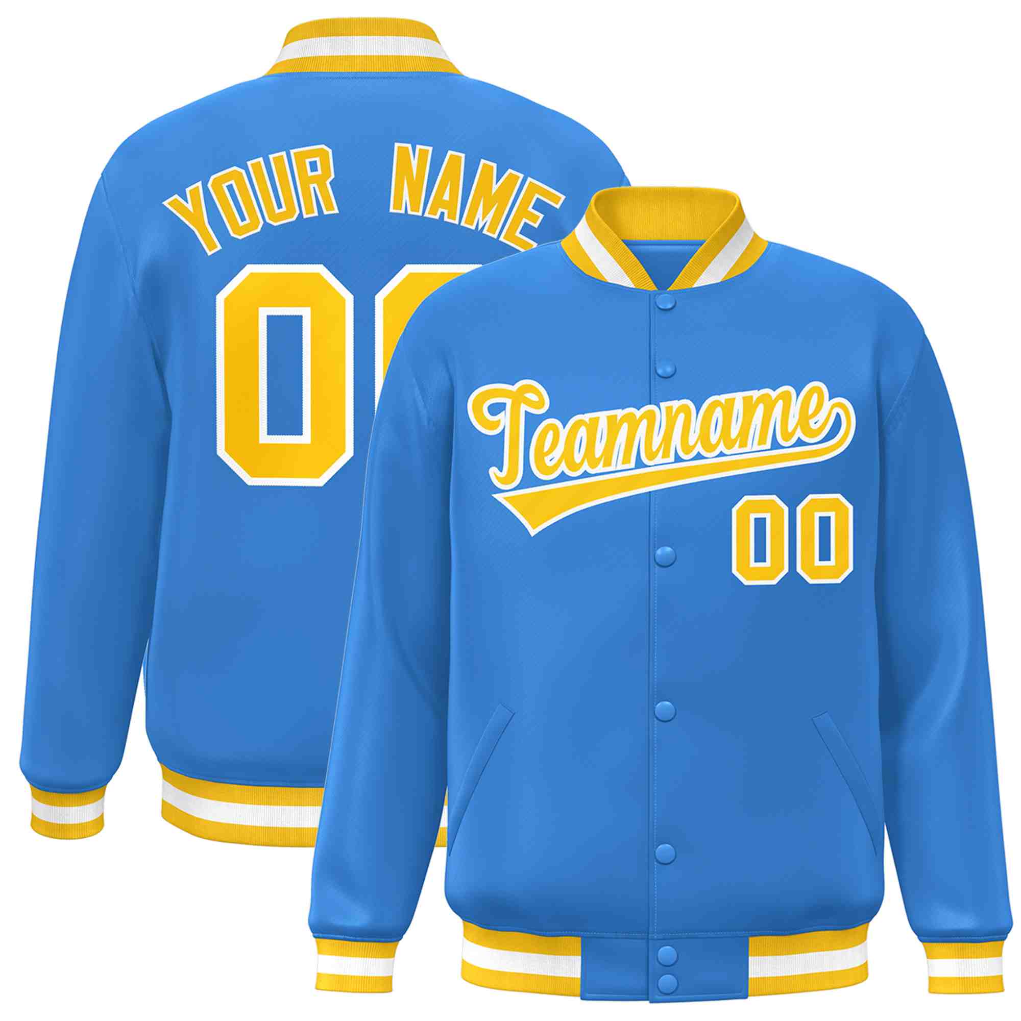 Custom Powder Blue Gold-White Classic Style Varsity Full-Snap Letterman Jacket