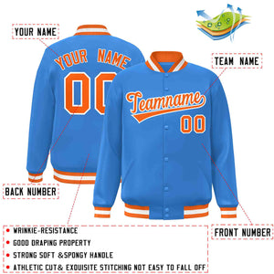 Custom Powder Blue Orange-White Classic Style Varsity Full-Snap Letterman Jacket