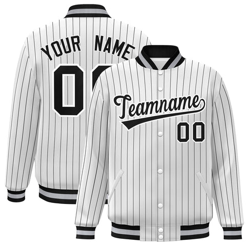 Custom White Black-White Stripe Fashion Letterman Bomber Varsity Jacket
