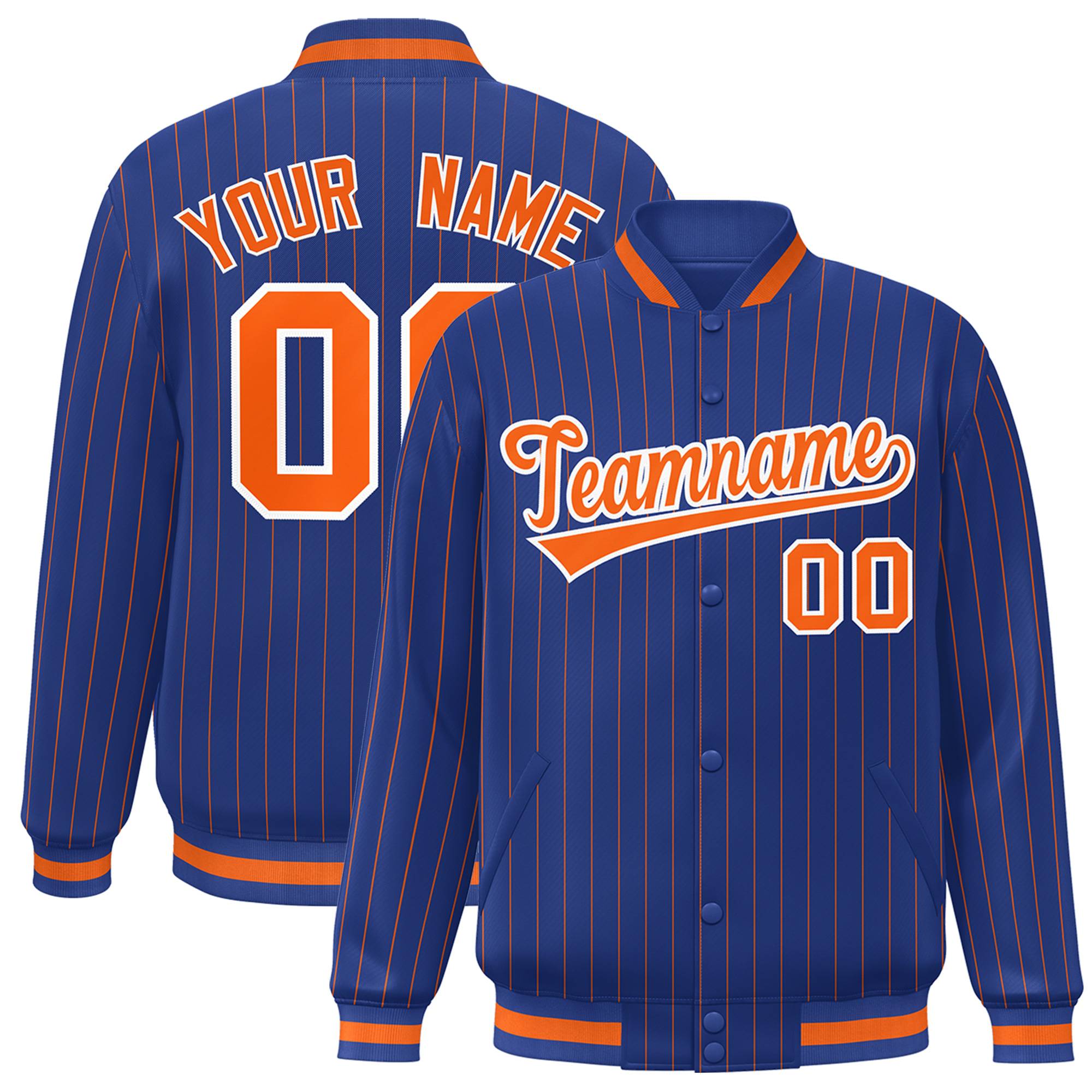 Custom Royal Orange-White Stripe Fashion Letterman Bomber Varsity Jacket