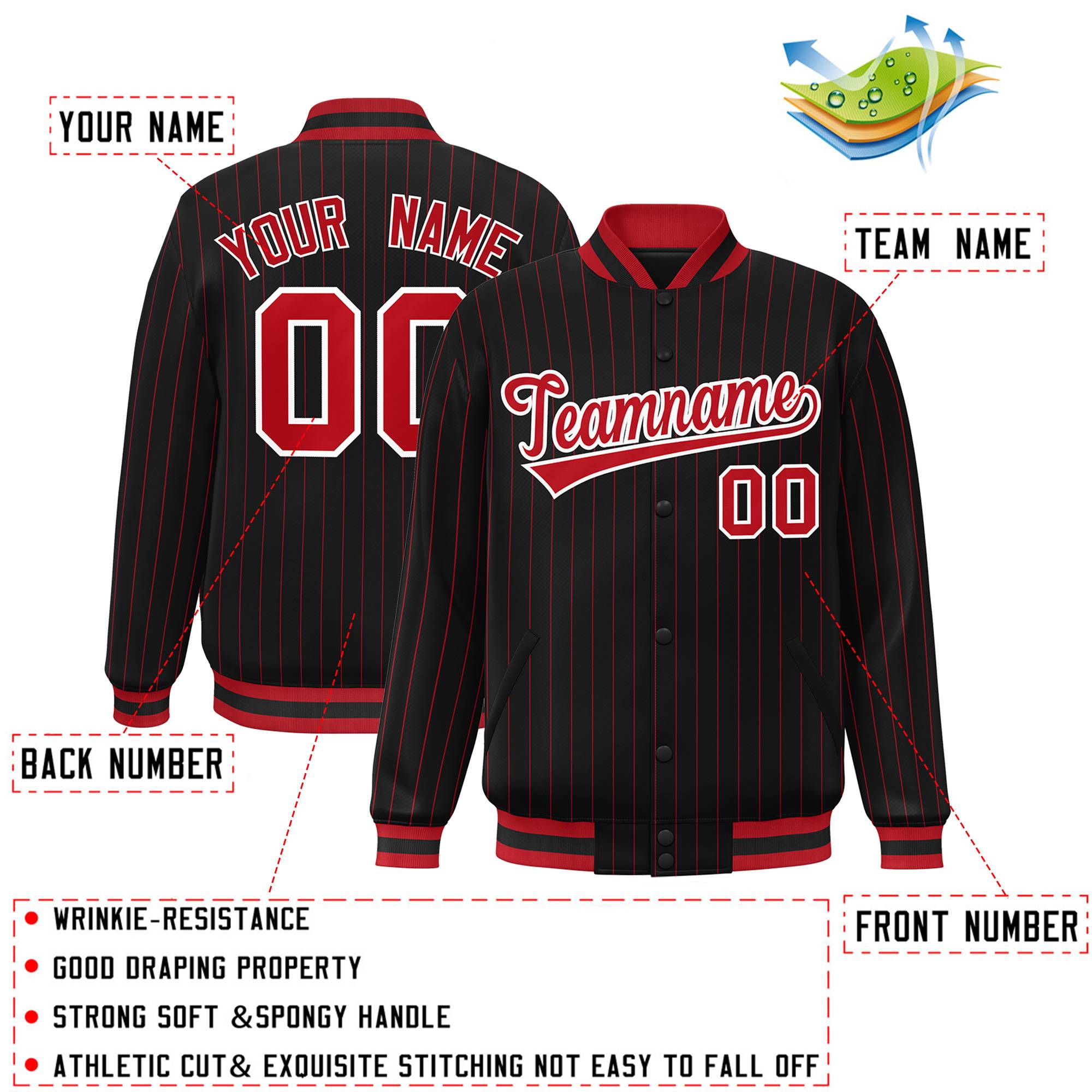 Custom Black Red-White Bomber Stripe Fashion Varsity Full-Snap Jacket