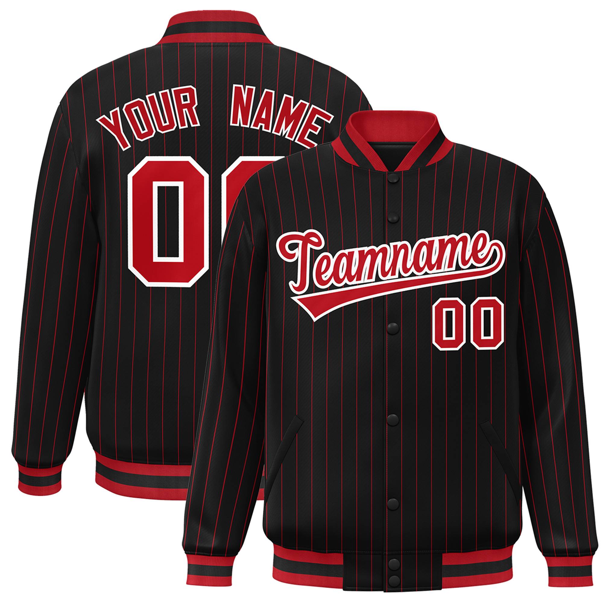 Custom Black Red-White Bomber Stripe Fashion Varsity Full-Snap Jacket