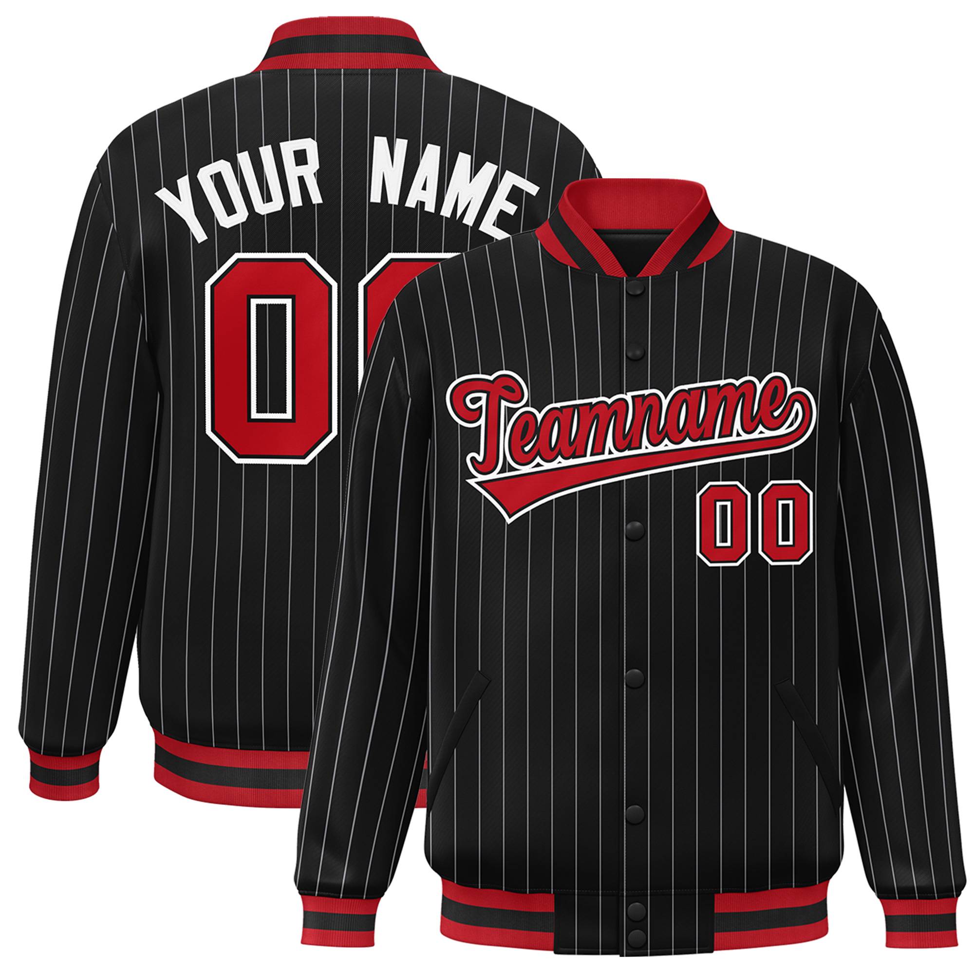 Custom Black Red-White Varsity Stripe Fashion Full-Snap Bomber Jacket