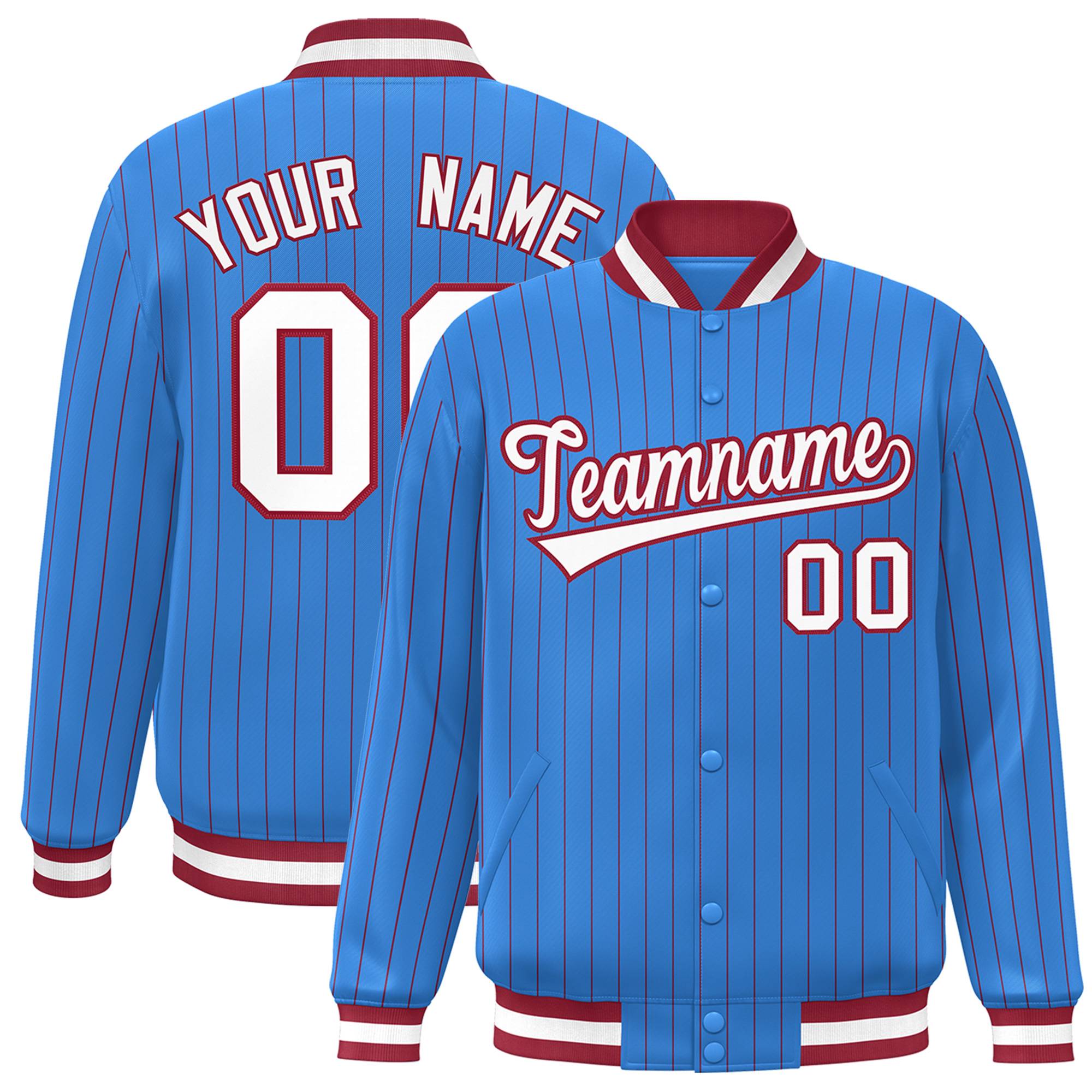 Custom Powder Blue White-Red Stripe Fashion Letterman Bomber Varsity Jacket