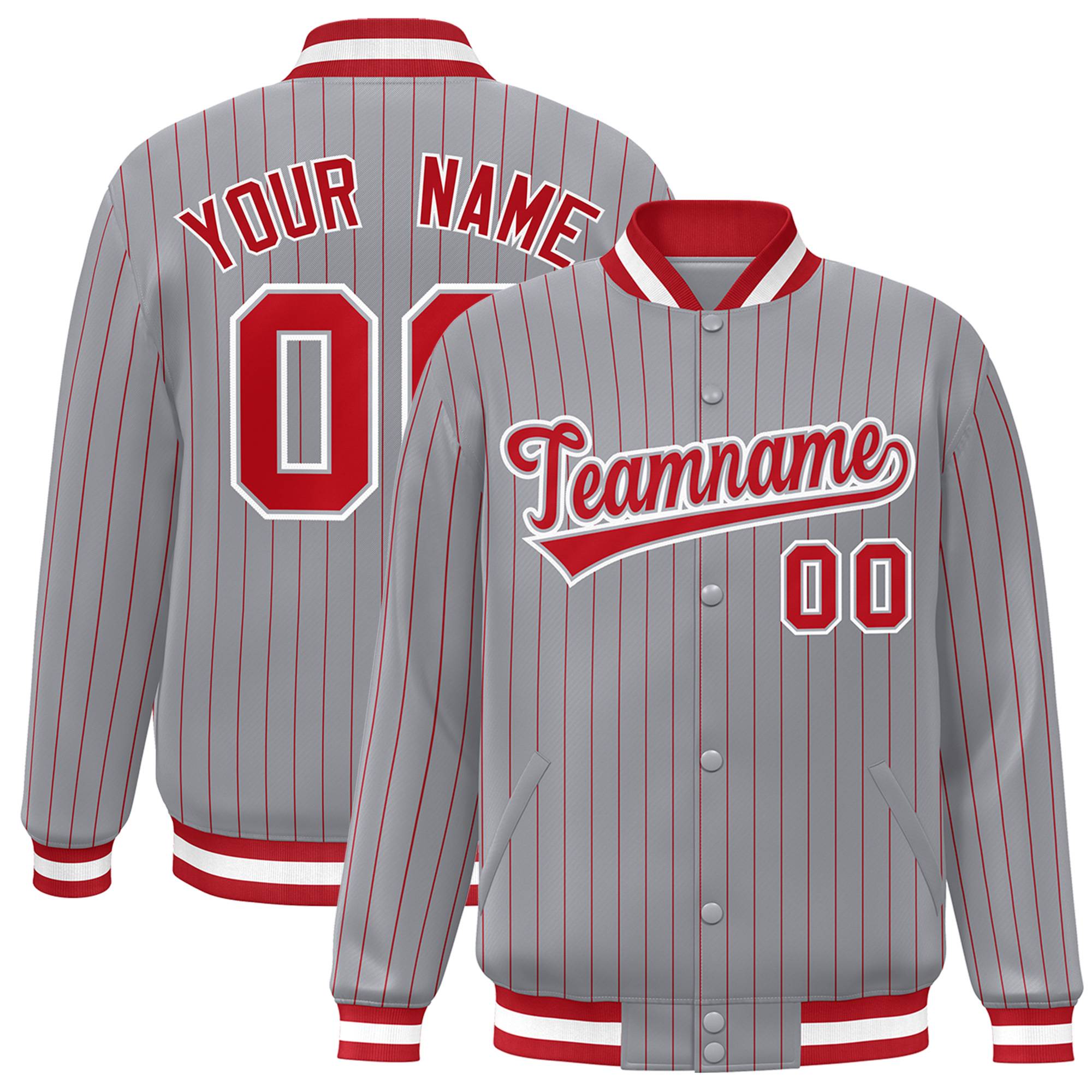 Custom Gray Scarlet-White Personalized Stripe Fashion Letterman Bomber Varsity Jacket