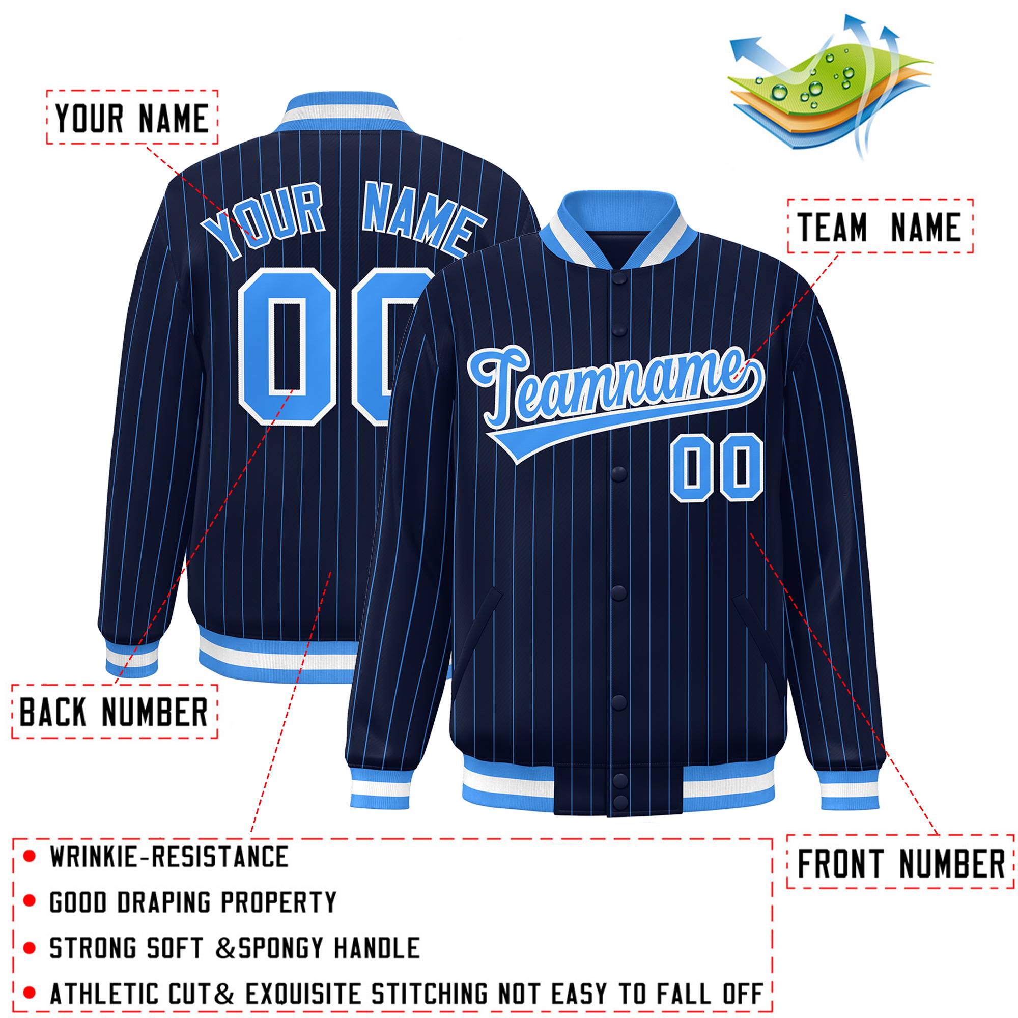 Custom Navy Powder Blue-White Personalized Stripe Fashion Letterman Bomber Varsity Jacket