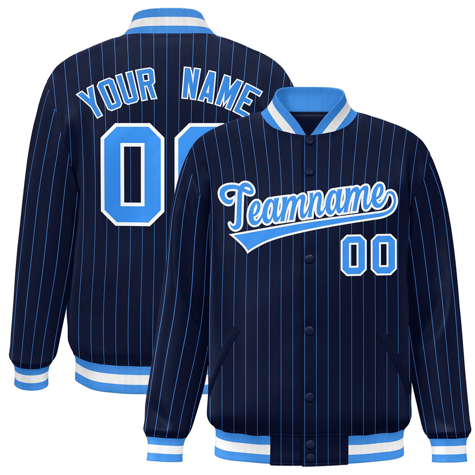 Custom Navy Powder Blue-White Personalized Stripe Fashion Letterman Bomber Varsity Jacket