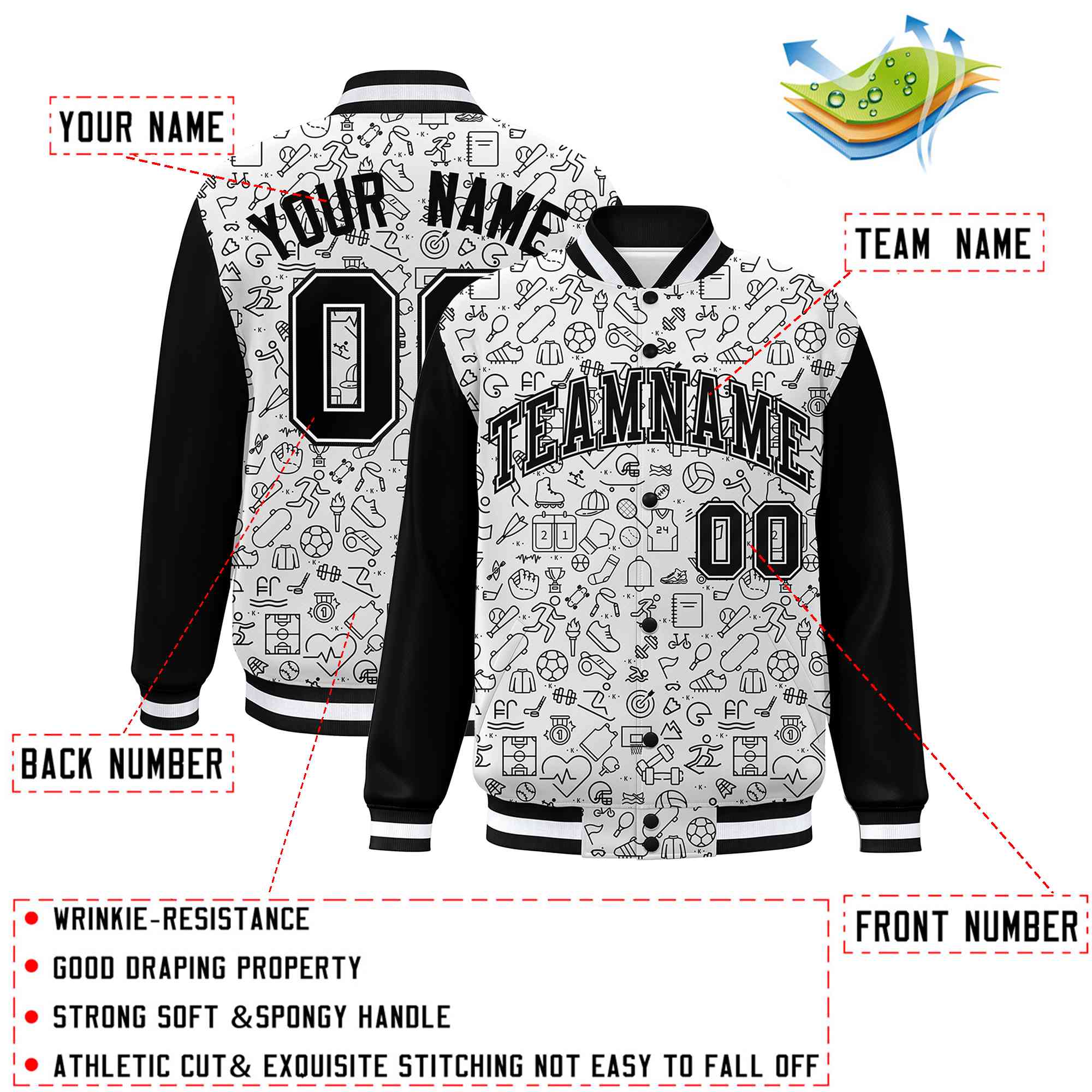 Custom White Black Line Graffiti Pattern Varsity Raglan Sleeves Letterman Baseball Jacket