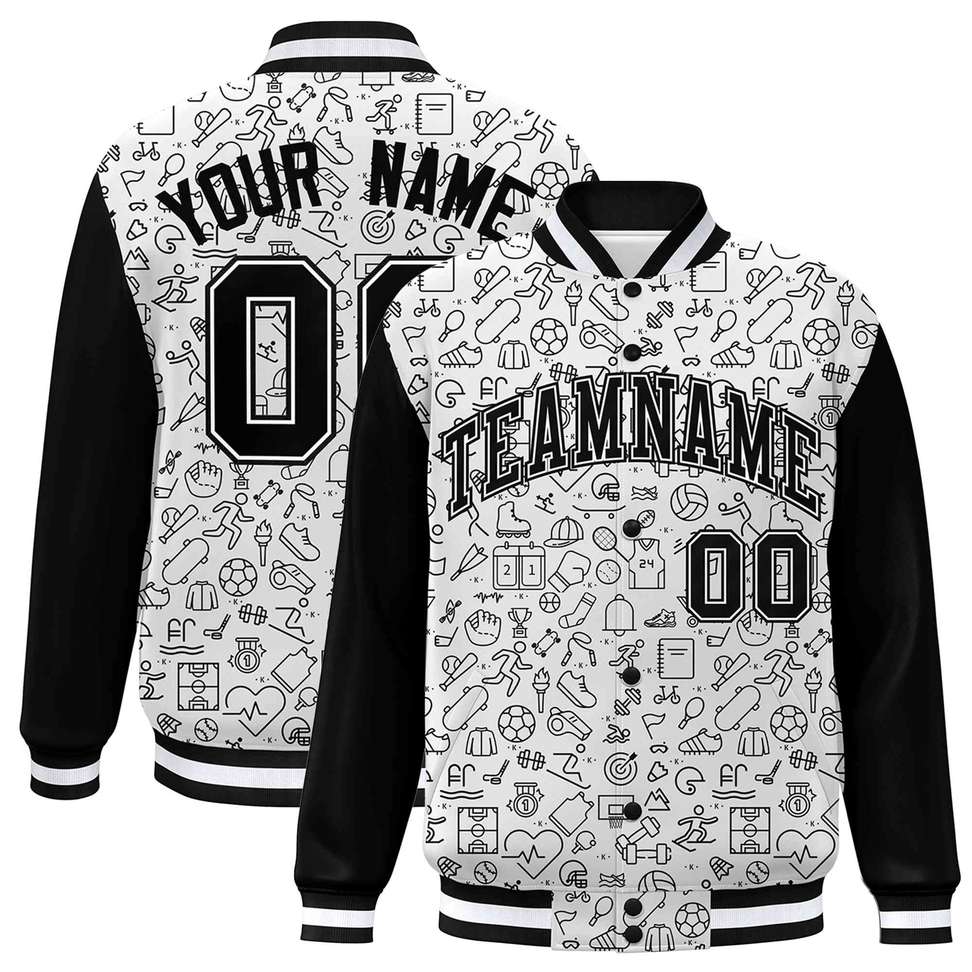 Custom White Black Line Graffiti Pattern Varsity Raglan Sleeves Letterman Baseball Jacket