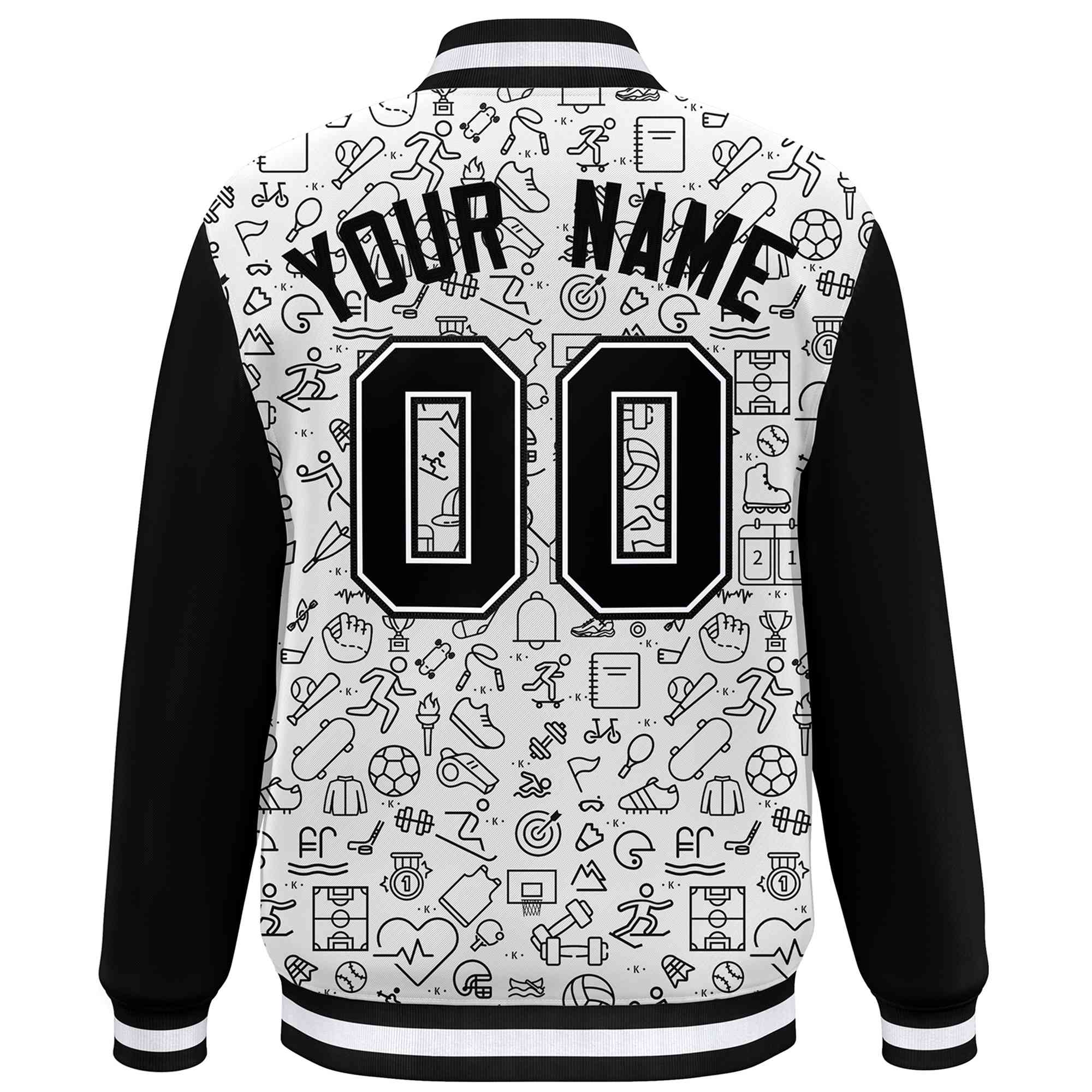 Custom White Black Line Graffiti Pattern Varsity Raglan Sleeves Letterman Baseball Jacket