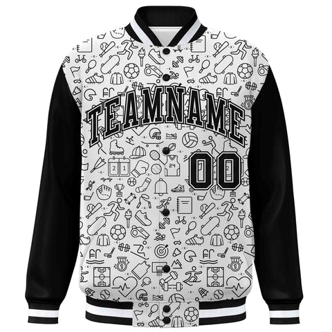 Custom White Black Line Graffiti Pattern Varsity Raglan Sleeves Letterman Baseball Jacket