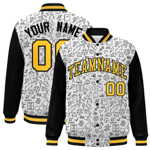 Custom White Black-Gold Line Graffiti Pattern Varsity Raglan Sleeves Letterman Baseball Jacket