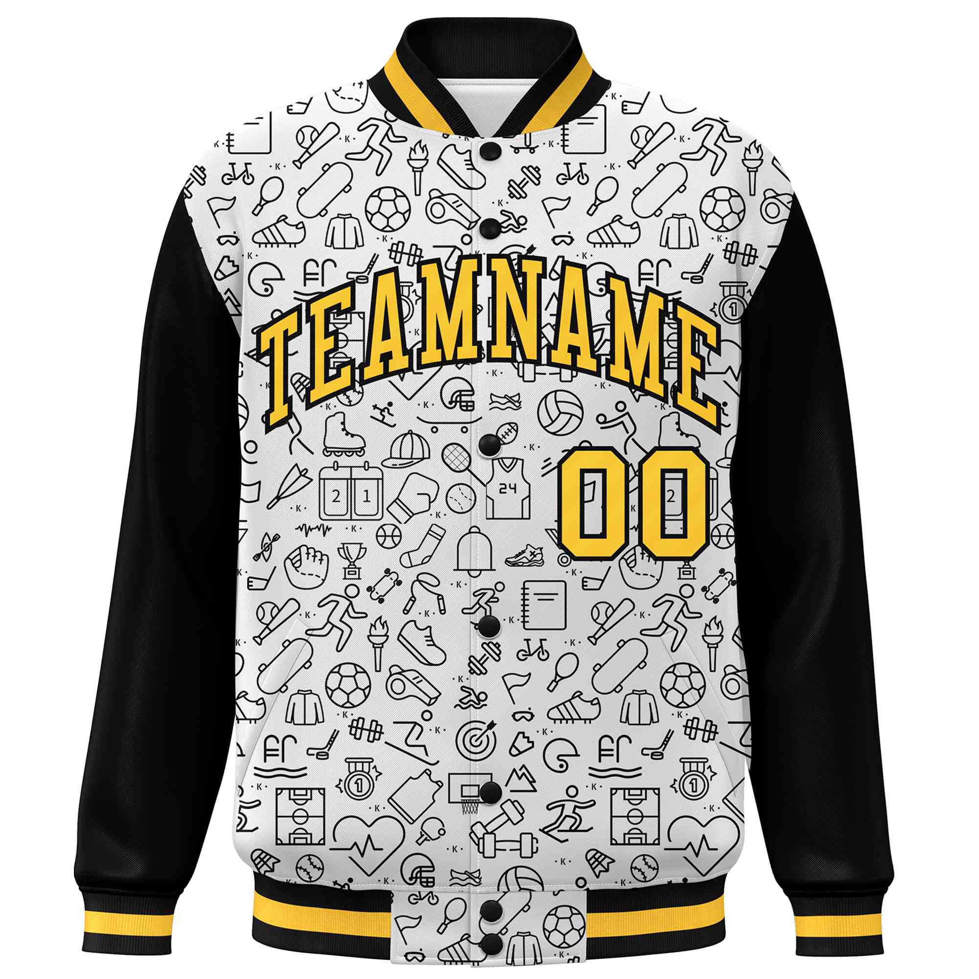 Custom White Black-Gold Line Graffiti Pattern Varsity Raglan Sleeves Letterman Baseball Jacket