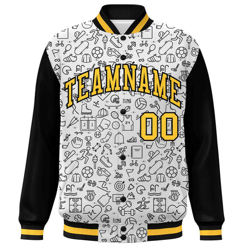 Custom White Black-Gold Line Graffiti Pattern Varsity Raglan Sleeves Letterman Baseball Jacket