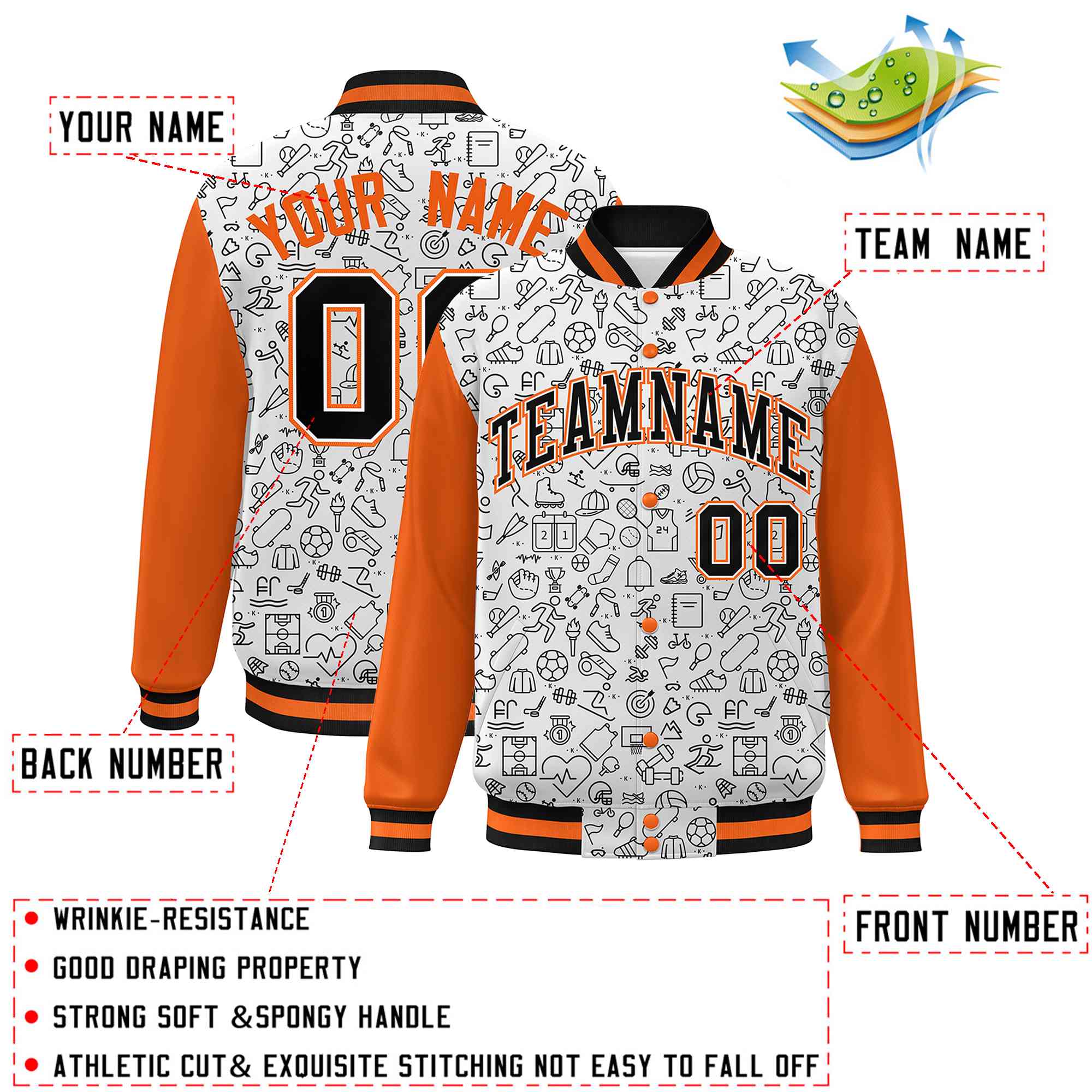 Custom White Orange-Black Line Graffiti Pattern Varsity Raglan Sleeves Letterman Baseball Jacket