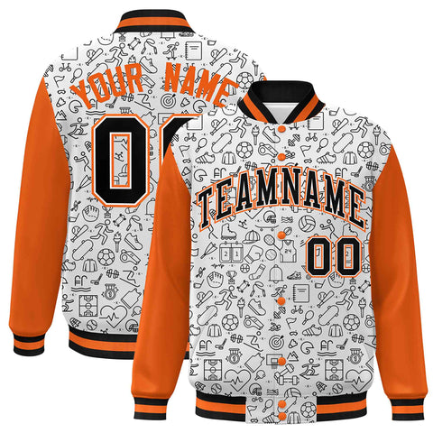 Custom White Orange-Black Line Graffiti Pattern Varsity Raglan Sleeves Letterman Baseball Jacket