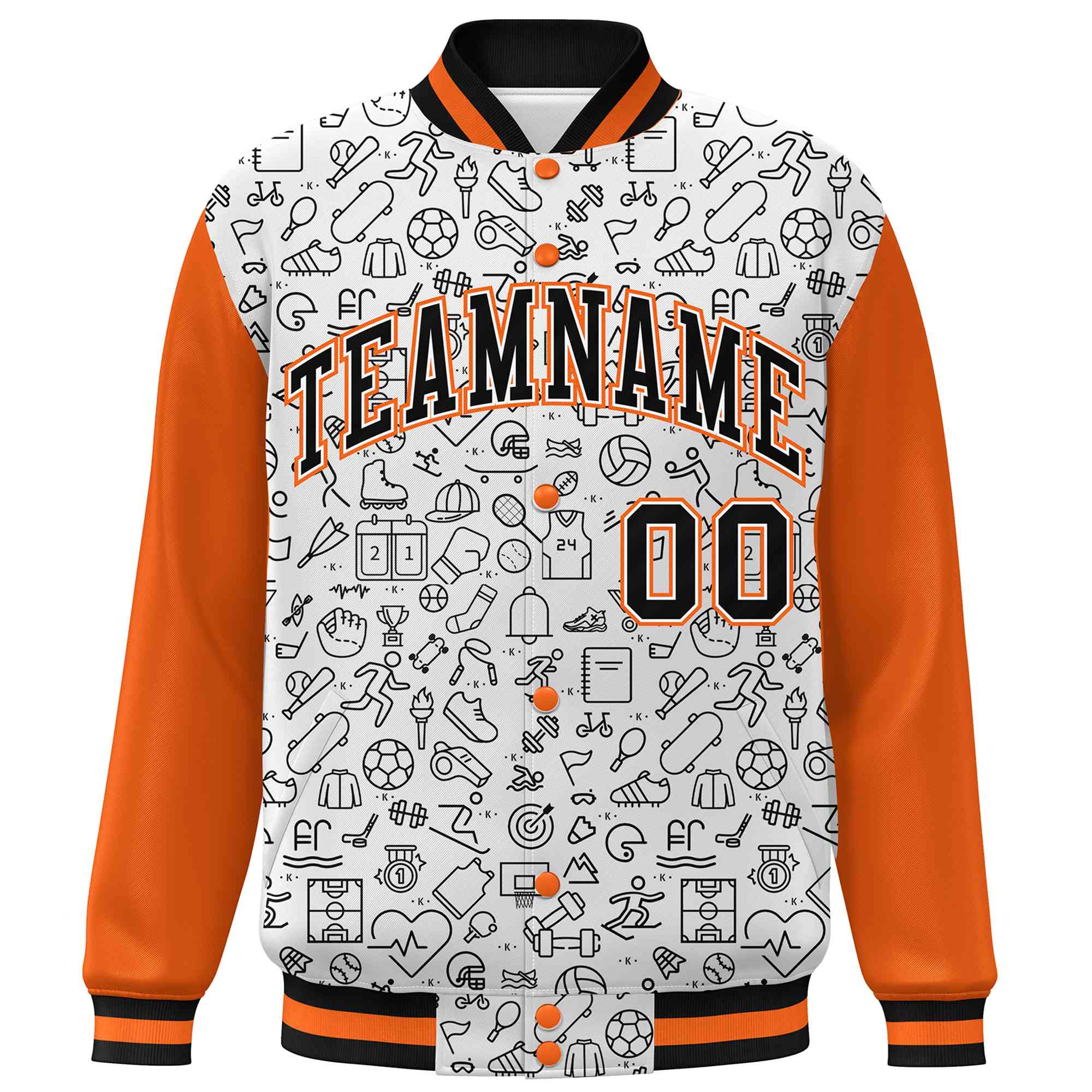 Custom White Orange-Black Line Graffiti Pattern Varsity Raglan Sleeves Letterman Baseball Jacket