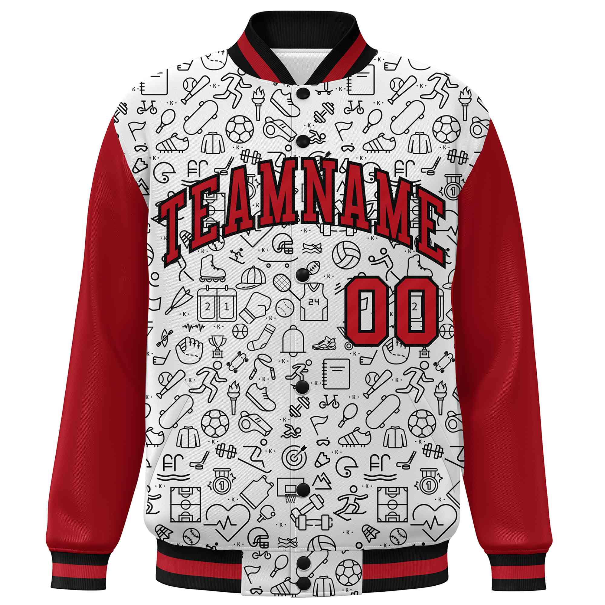 Custom White Red-Black Line Graffiti Pattern Varsity Raglan Sleeves Letterman Baseball Jacket