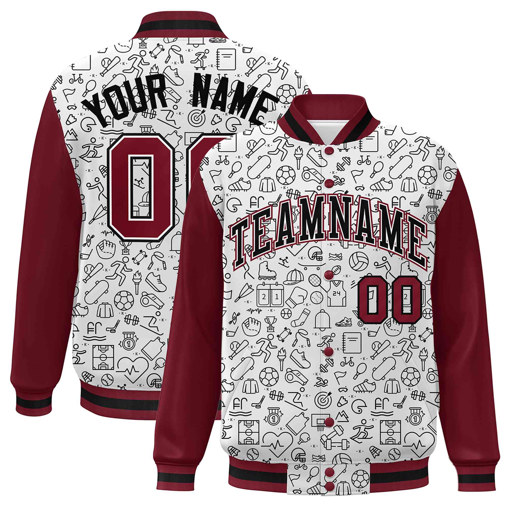 Custom White Crimson-Black Line Graffiti Pattern Varsity Raglan Sleeves Letterman Baseball Jacket